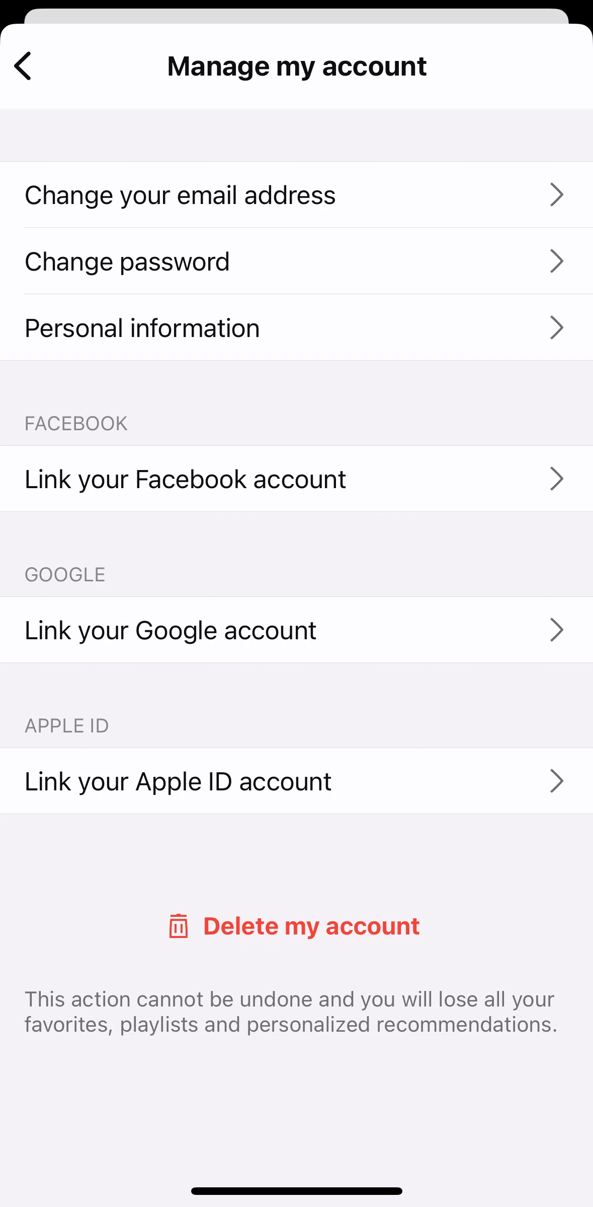 Deezer Screen screen in the Editing my profile flow