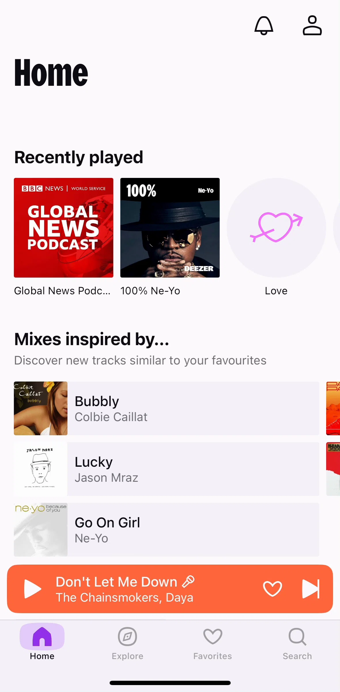 Deezer Screen screen in the Favorites flow