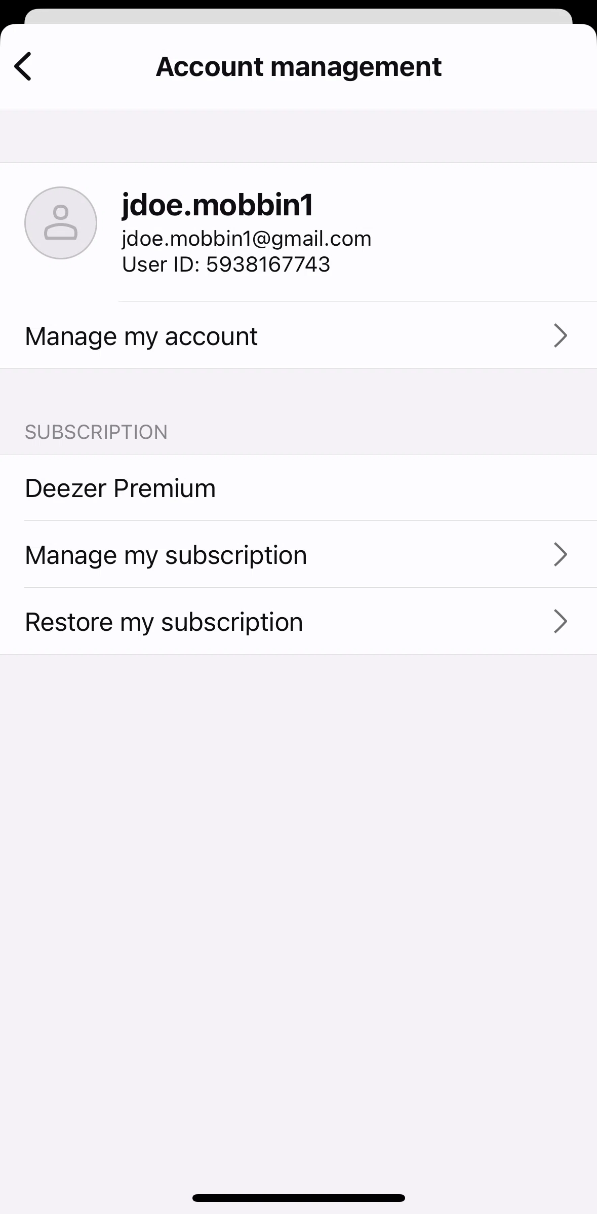Deezer Screen screen in the Manage subscription flow