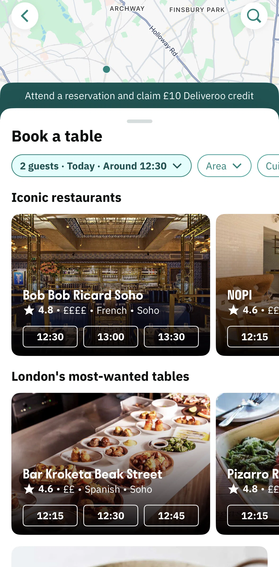 Deliveroo Screen screen in the Booking a reservation flow
