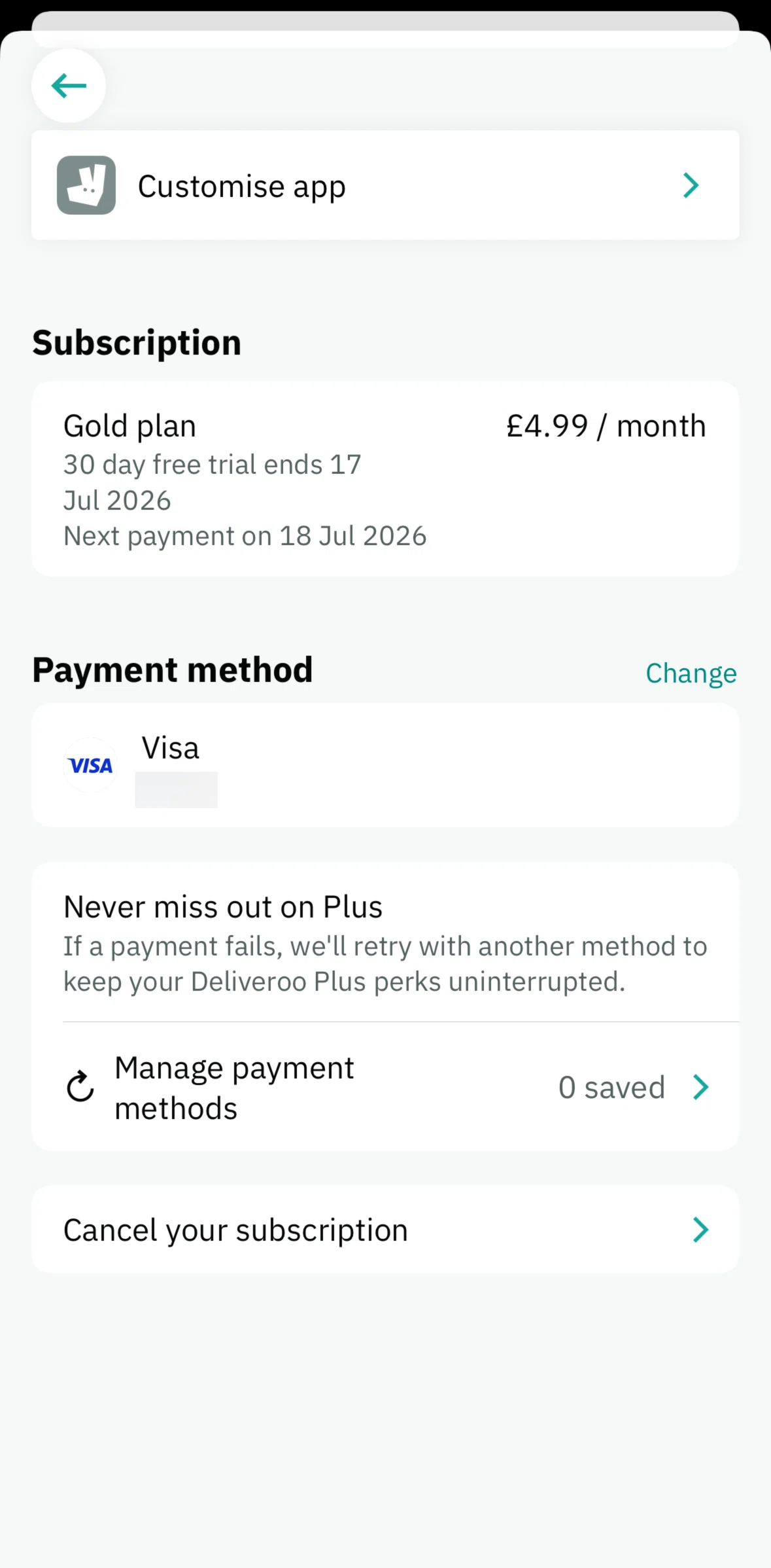 Deliveroo Screen screen in the Canceling a subscription flow