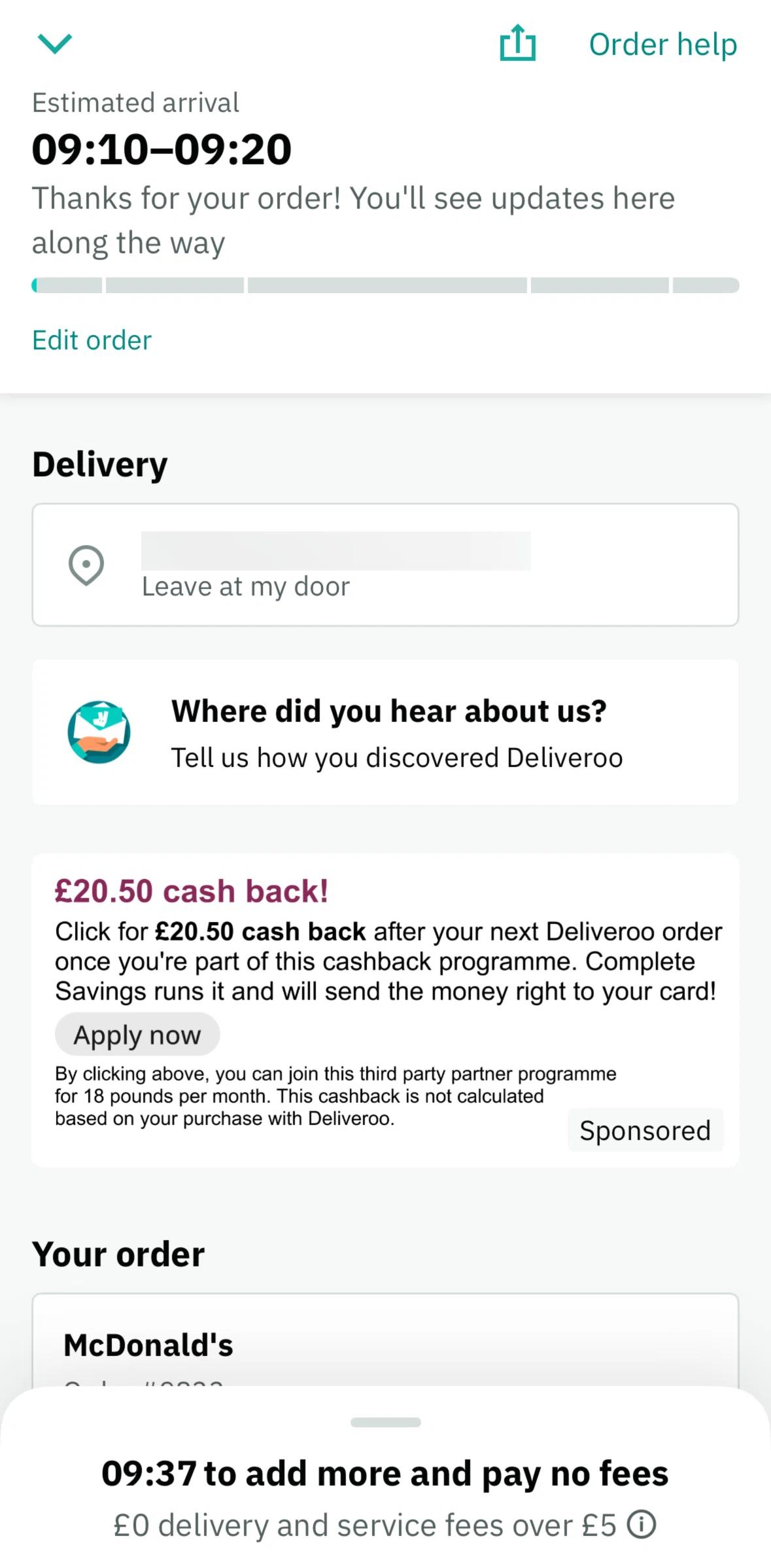 Deliveroo Screen screen in the Canceling an order flow