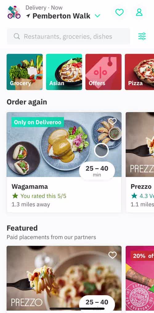 Deliveroo Home screen in the Cancelling Your Subscription flow