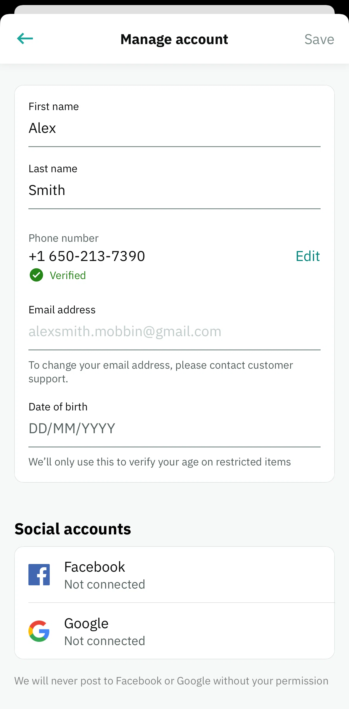 Deliveroo Screen screen in the Editing profile flow