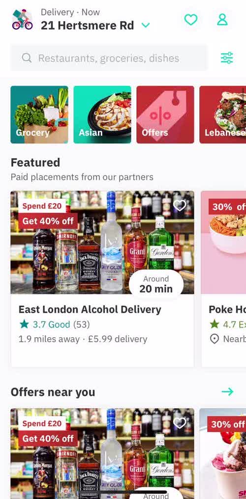 Deliveroo Home screen in the General Browsing flow