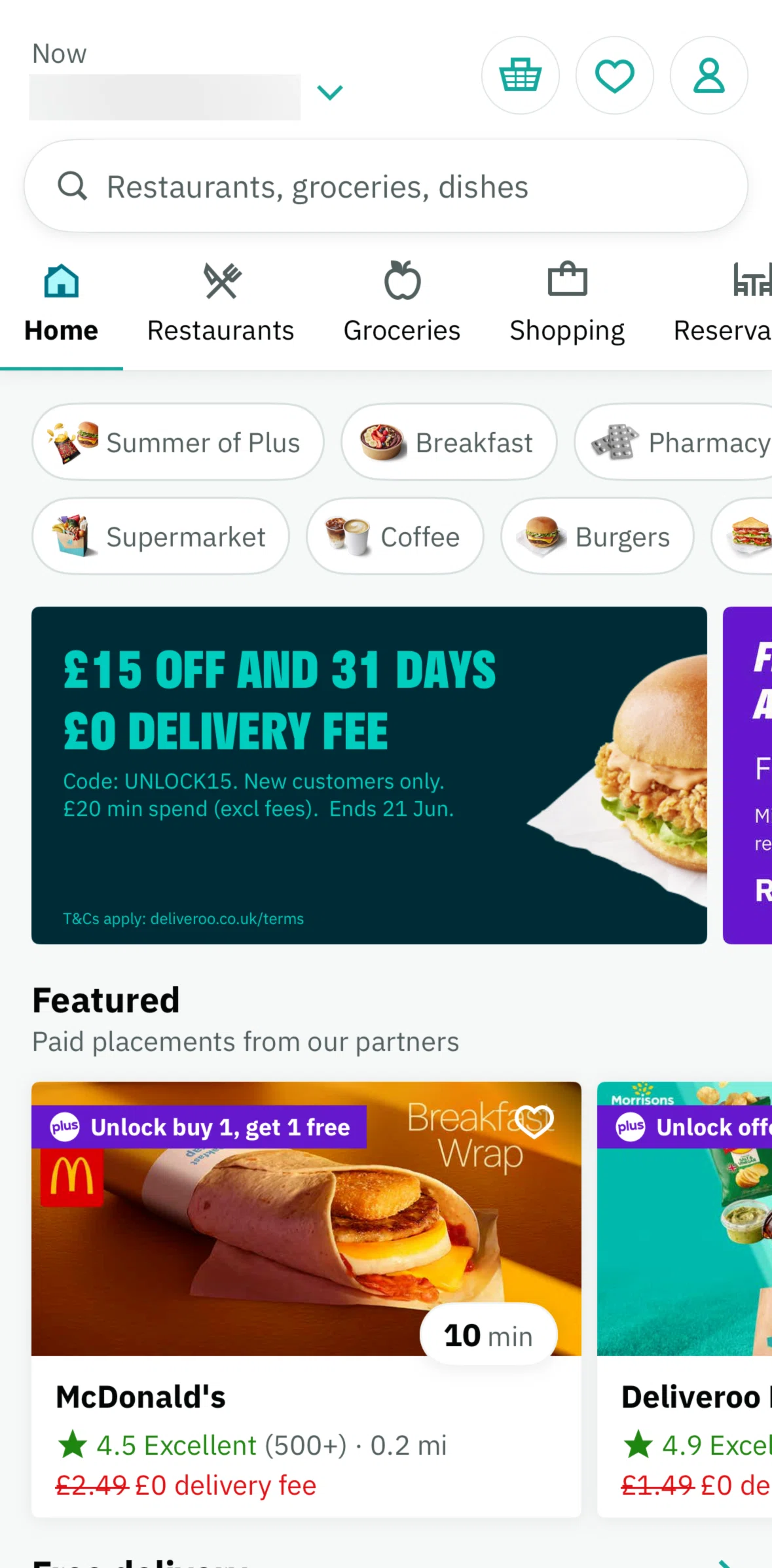 Deliveroo Screen screen in the Home flow