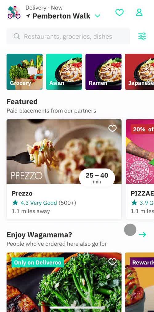 Deliveroo Home screen in the Ordering Food flow