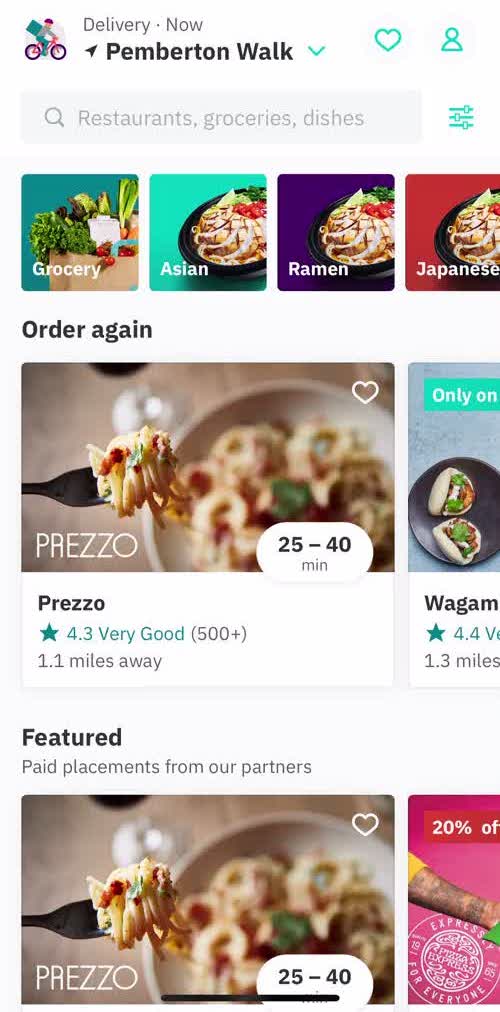 Deliveroo Home screen in the Searching flow
