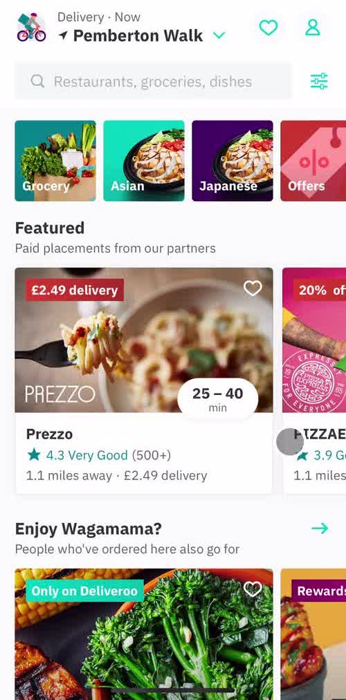 Deliveroo Home screen in the Upgrading Your Account flow