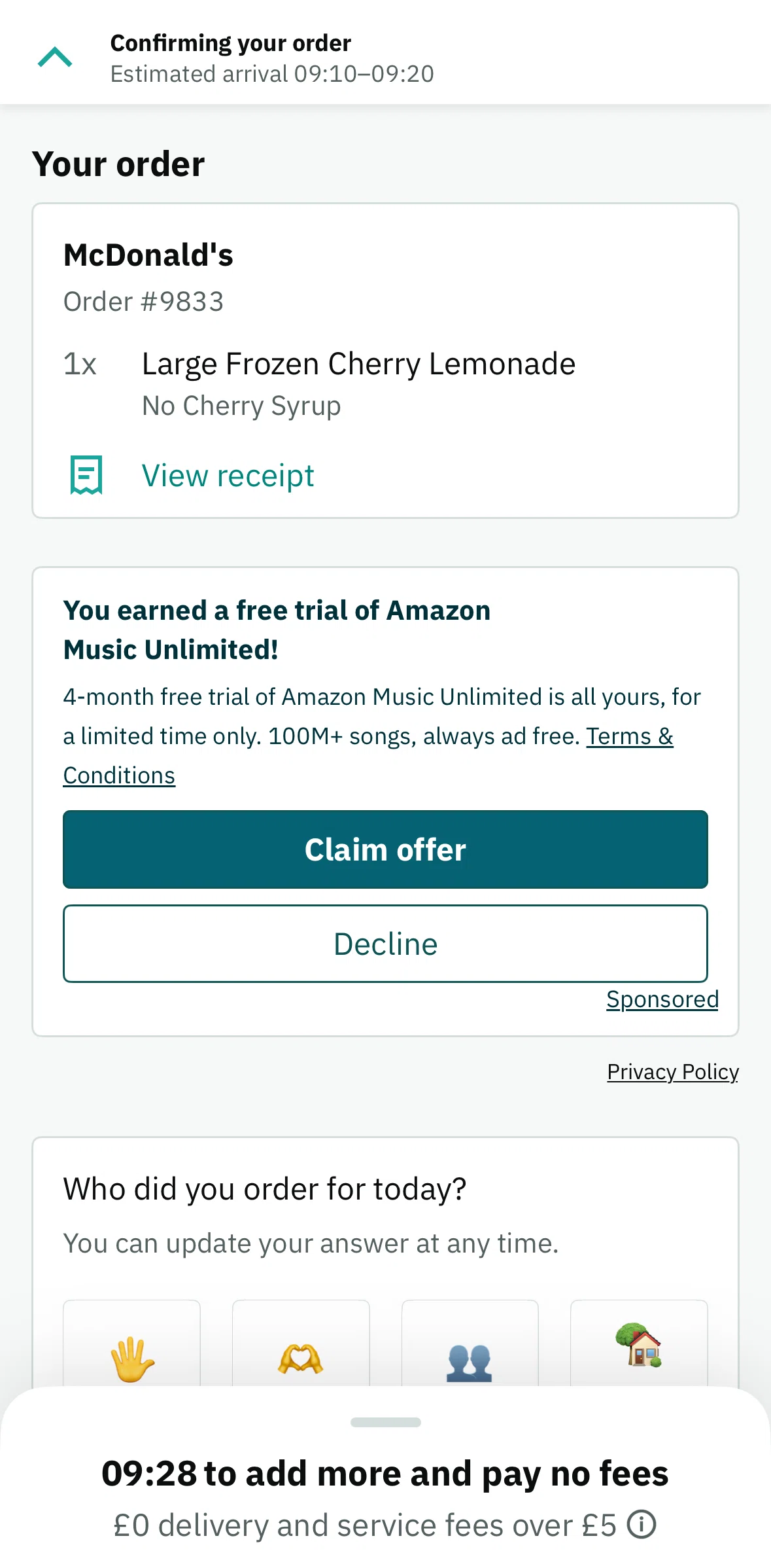 Deliveroo Screen screen in the View receipt flow