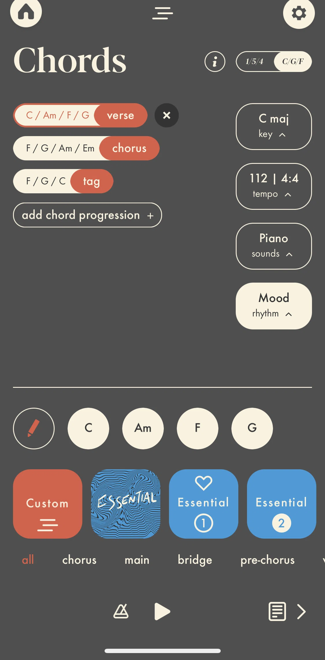 Demo Screen screen in the Deleting a chord progression flow