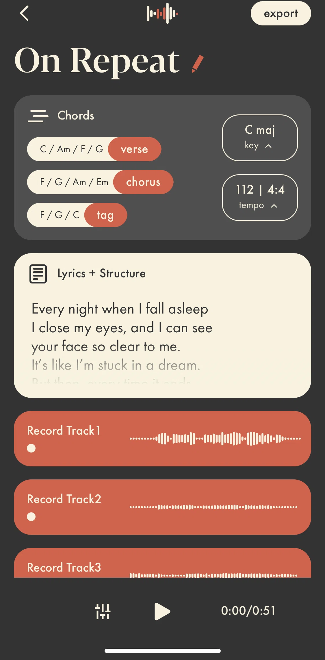 Demo Screen screen in the Exporting a printable chord sheet flow