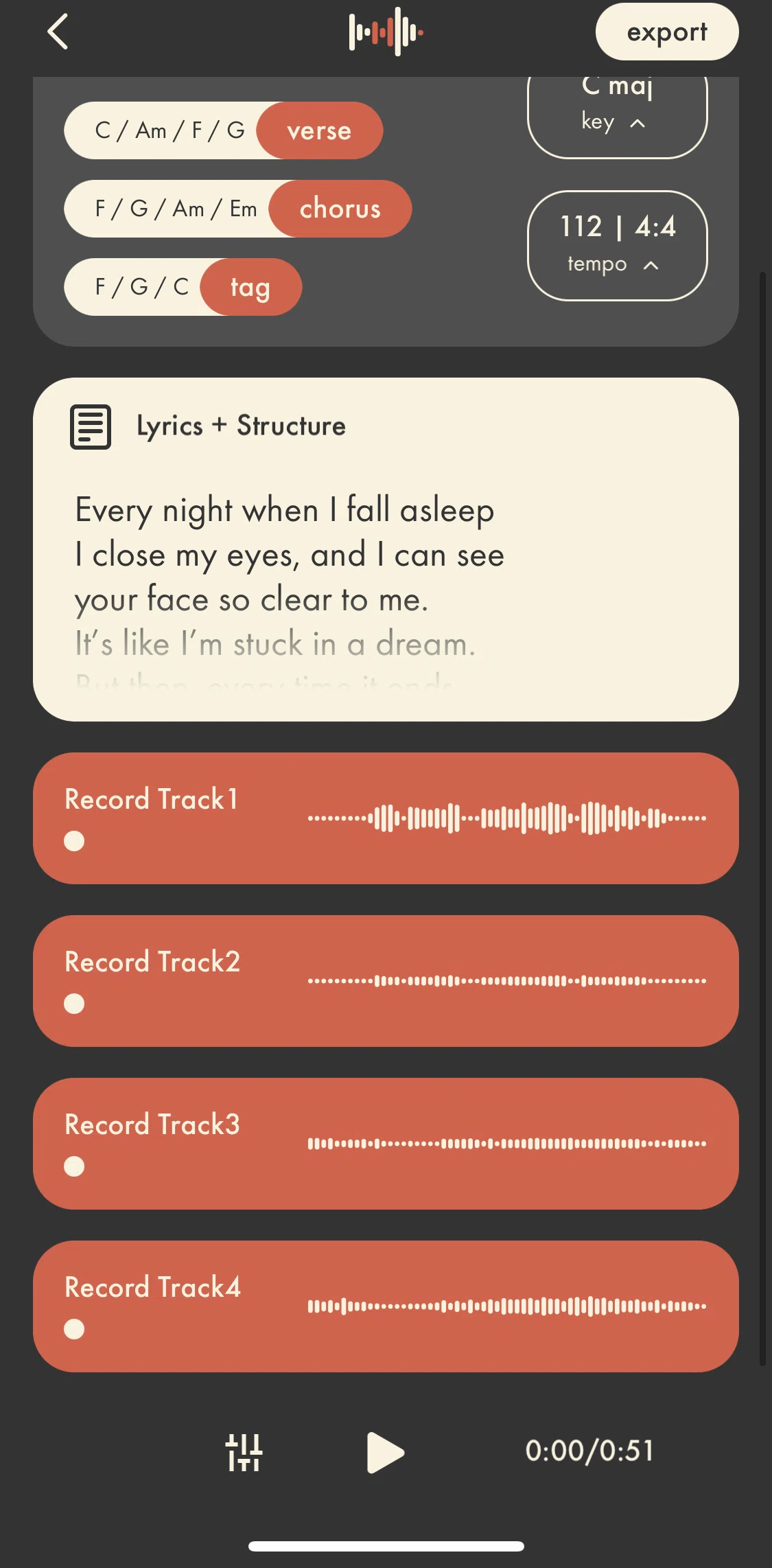 Demo Screen screen in the Lyrics + structure flow