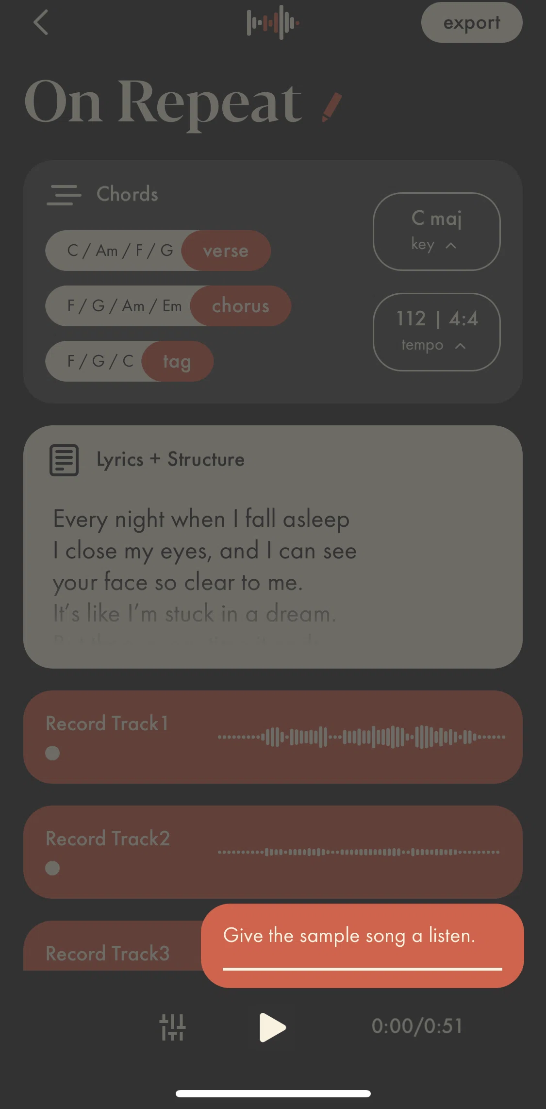 Demo Screen screen in the Playing a completed song flow