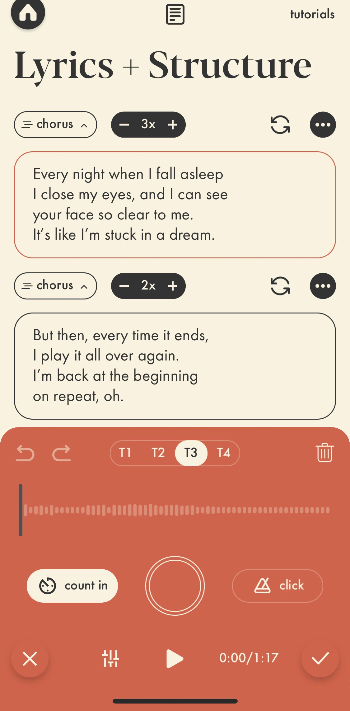 Demo Screen screen in the Reordering a song section flow
