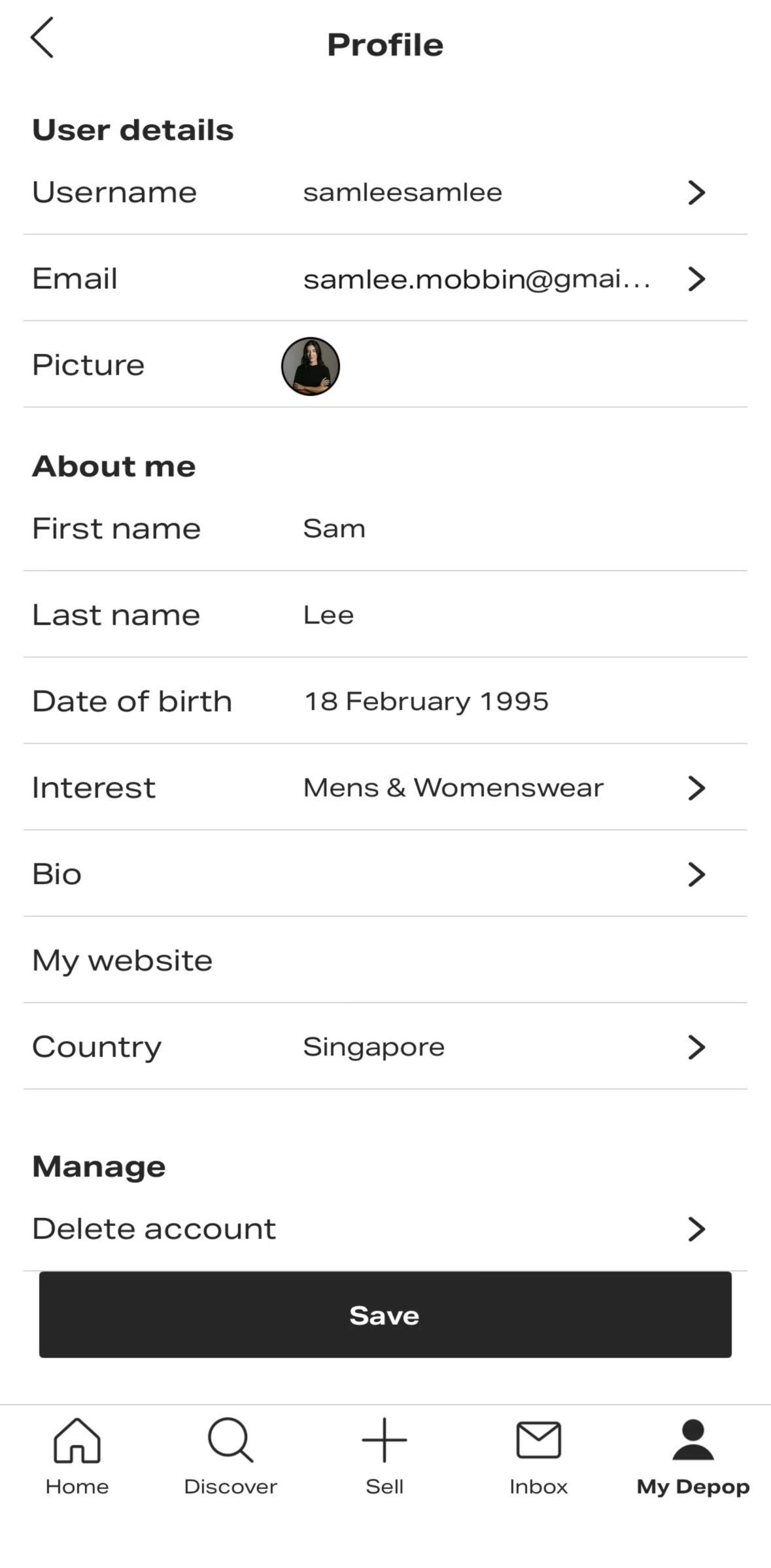 Depop Screen screen in the Adding a bio flow