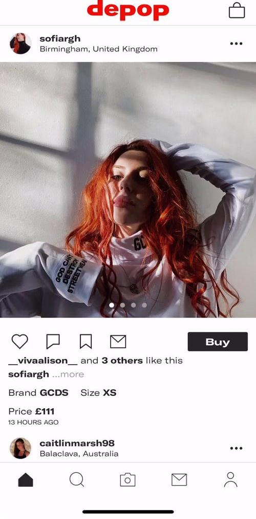 Depop Home feed screen in the Buying Something flow