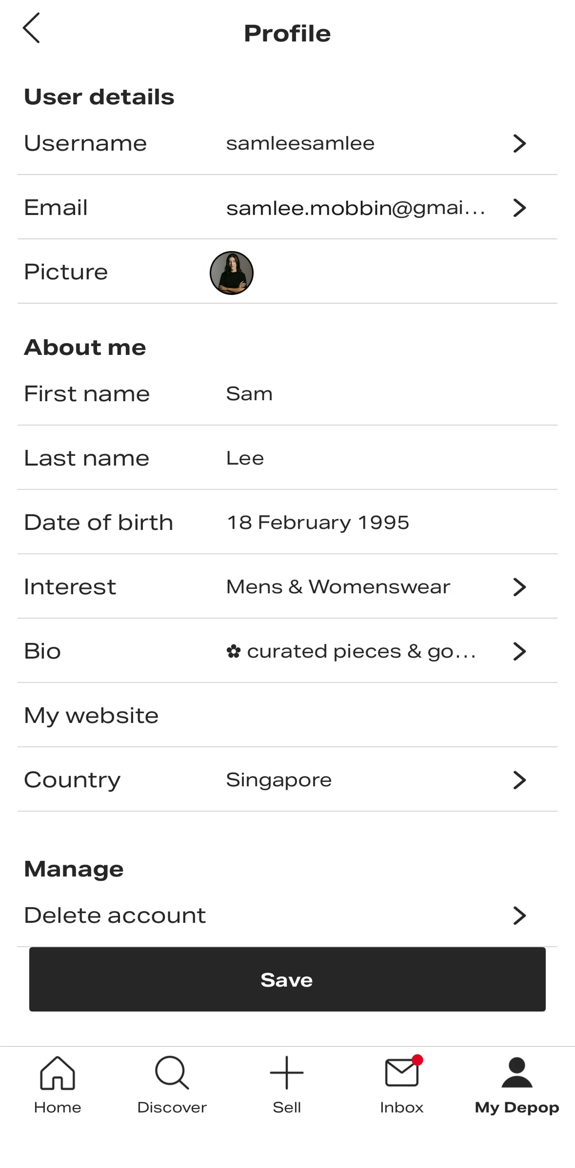 Depop Screen screen in the Choosing a country flow