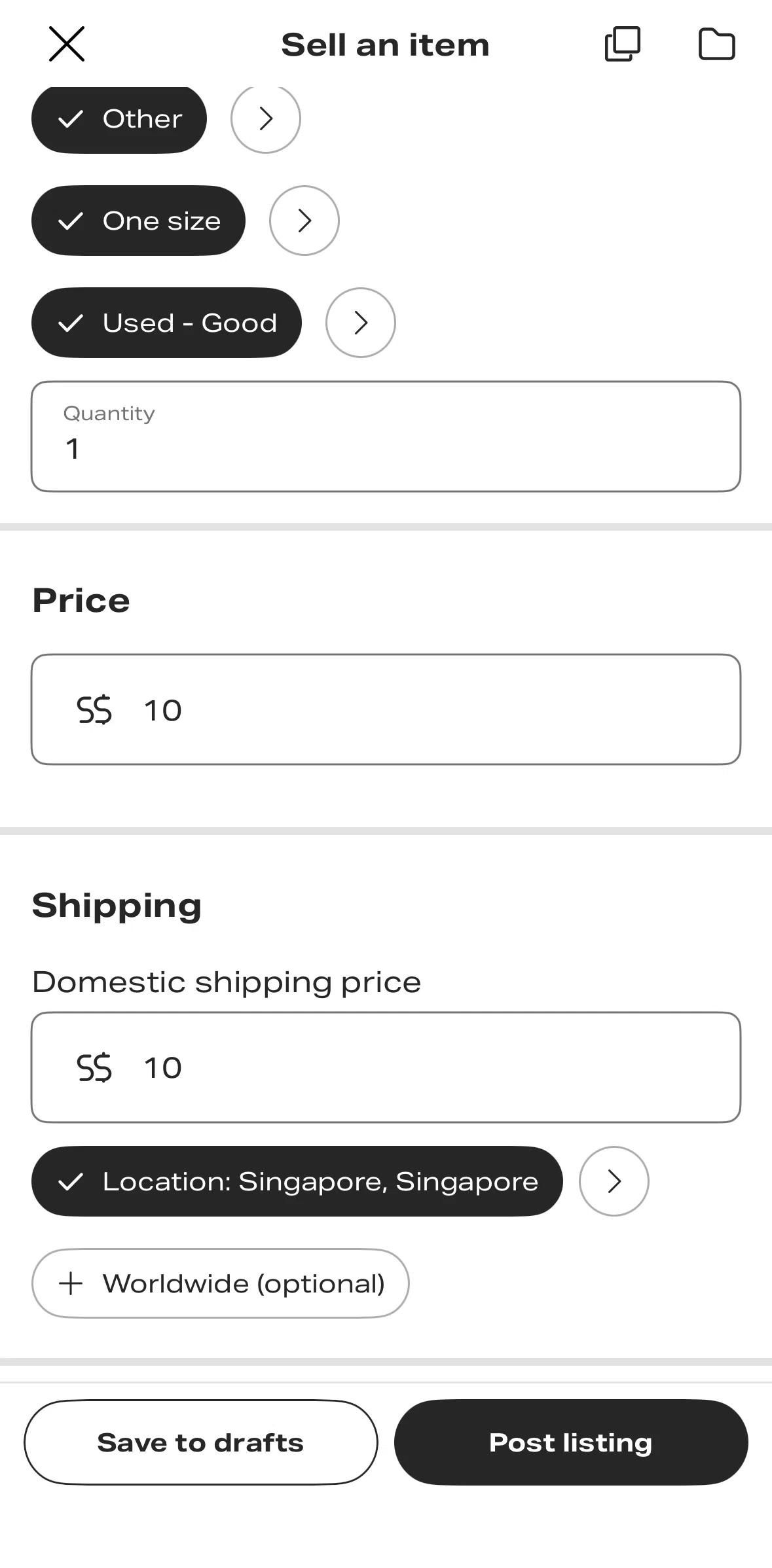 Depop Screen screen in the Enabling worldwide shipping flow