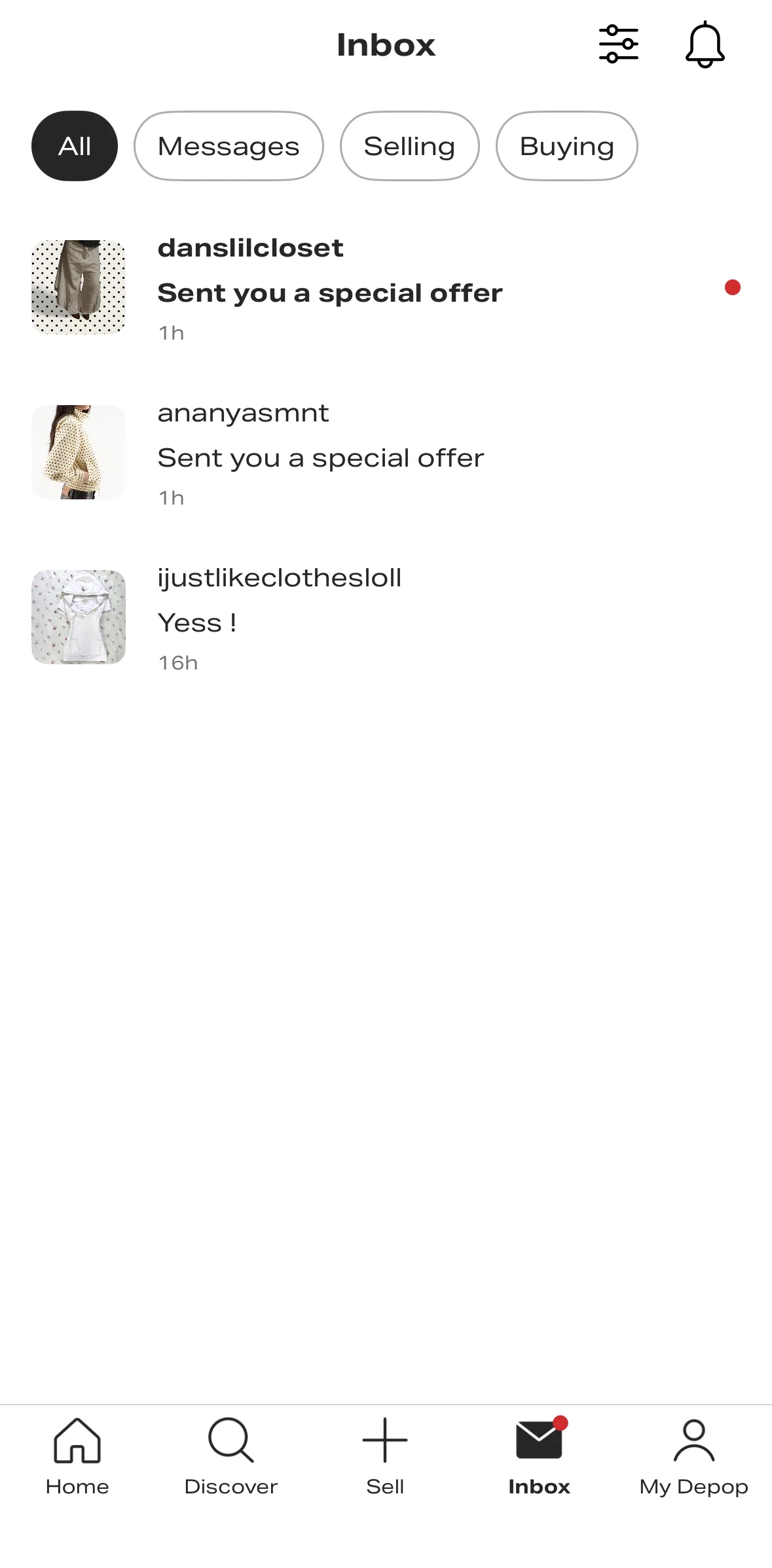 Depop Screen screen in the Filtering messages flow