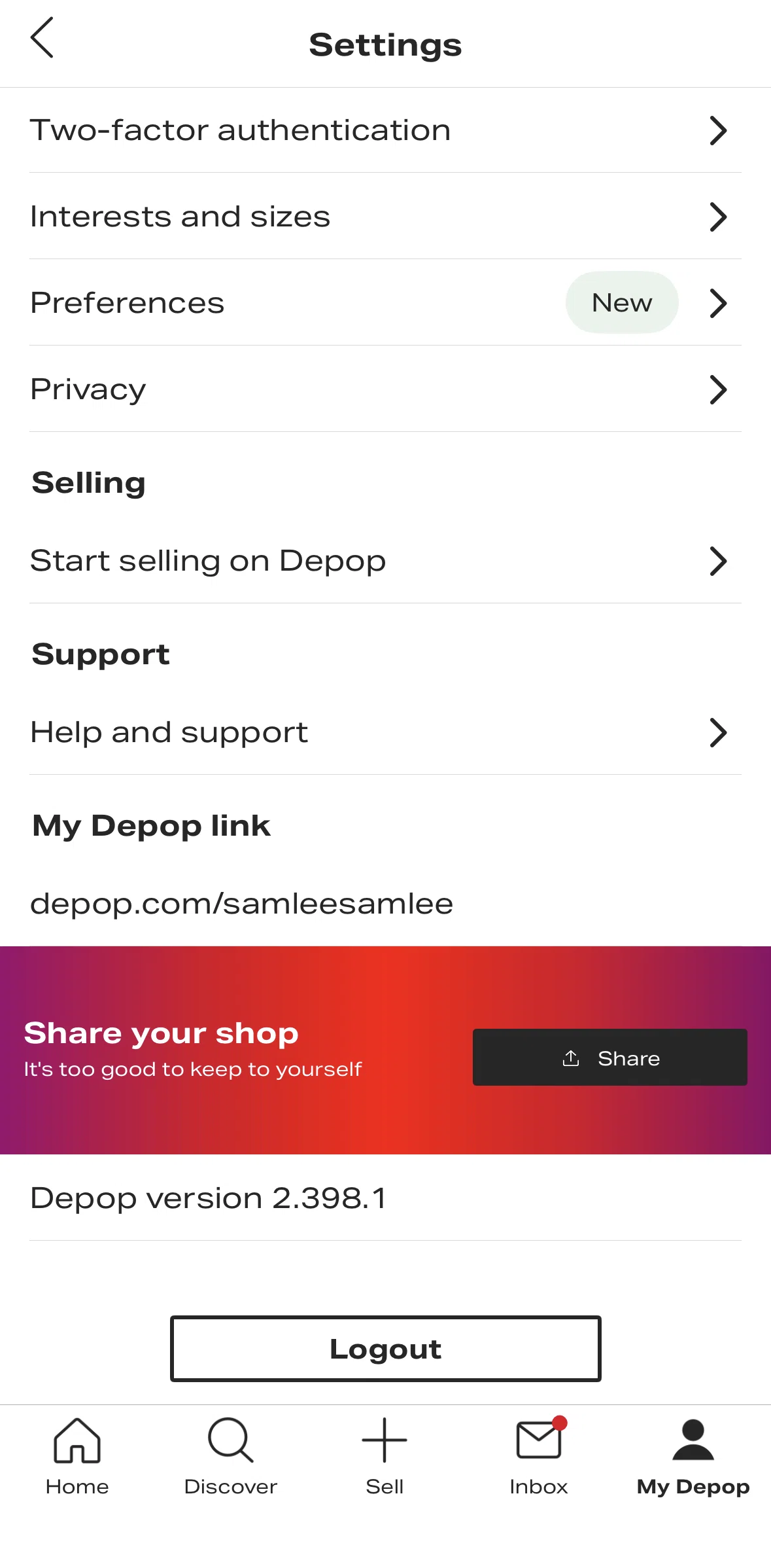 Depop Screen screen in the Interests & sizes flow