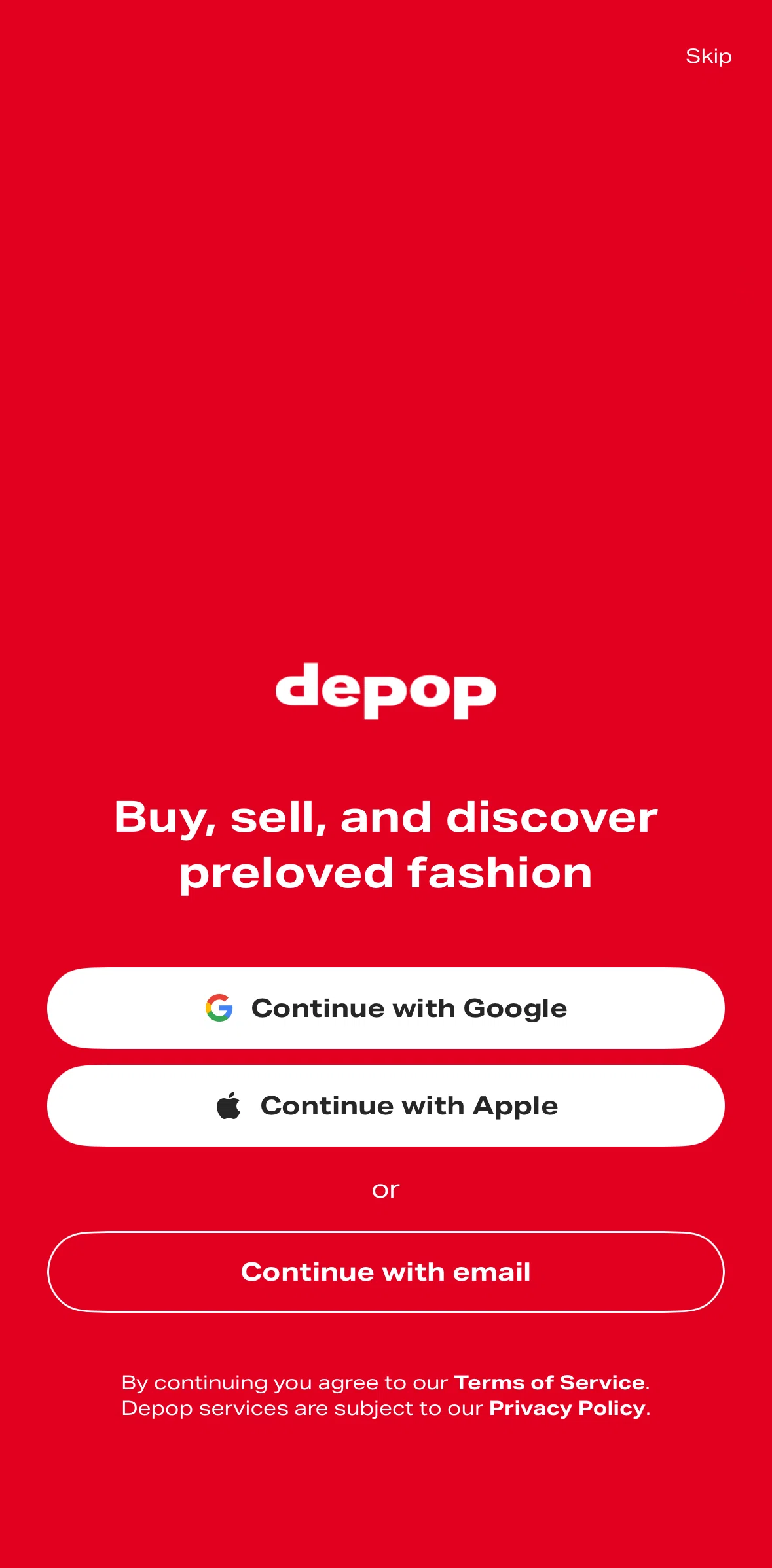 Depop Screen screen in the Logging in flow
