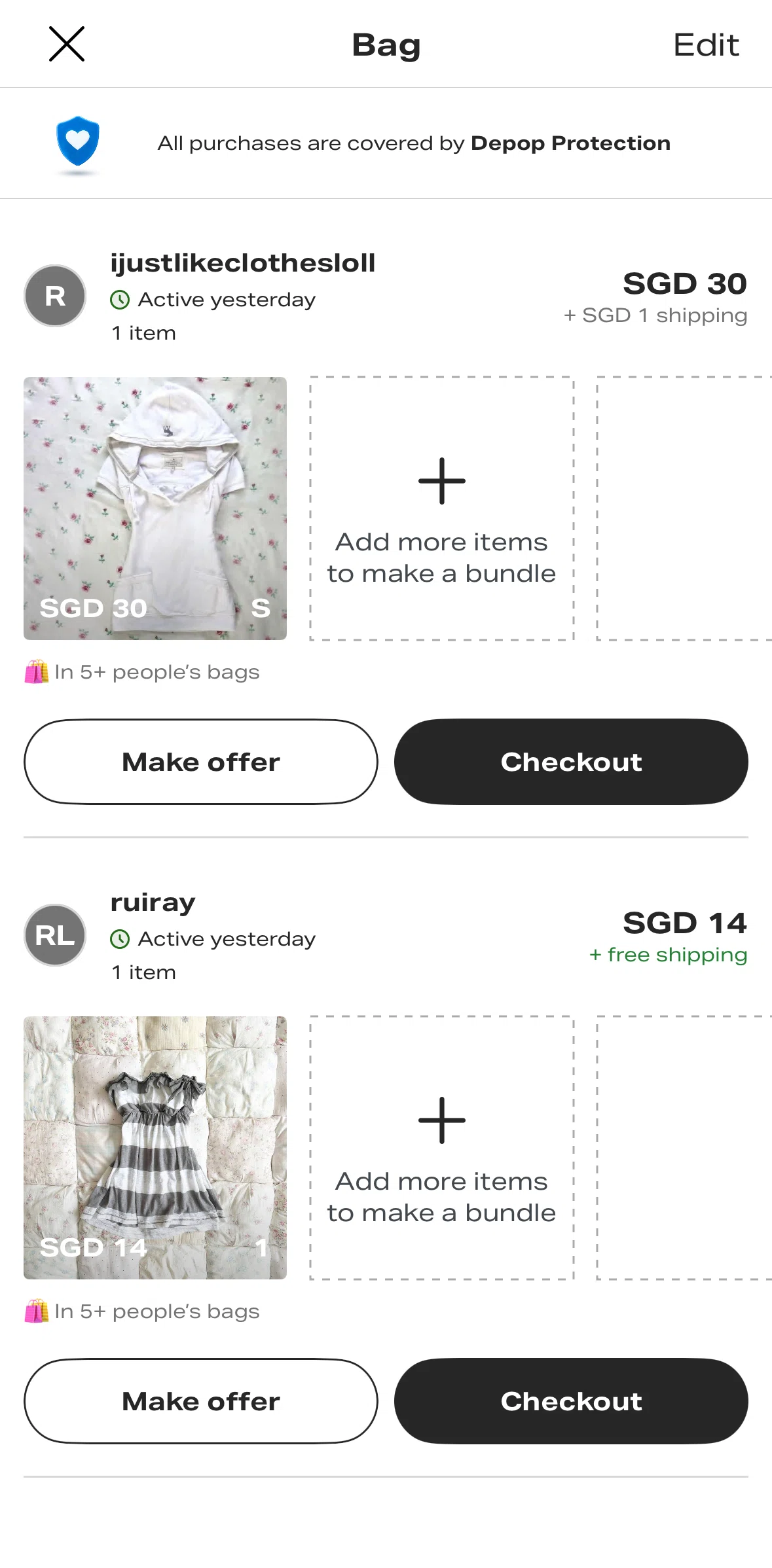 Depop Screen screen in the Purchasing an item flow