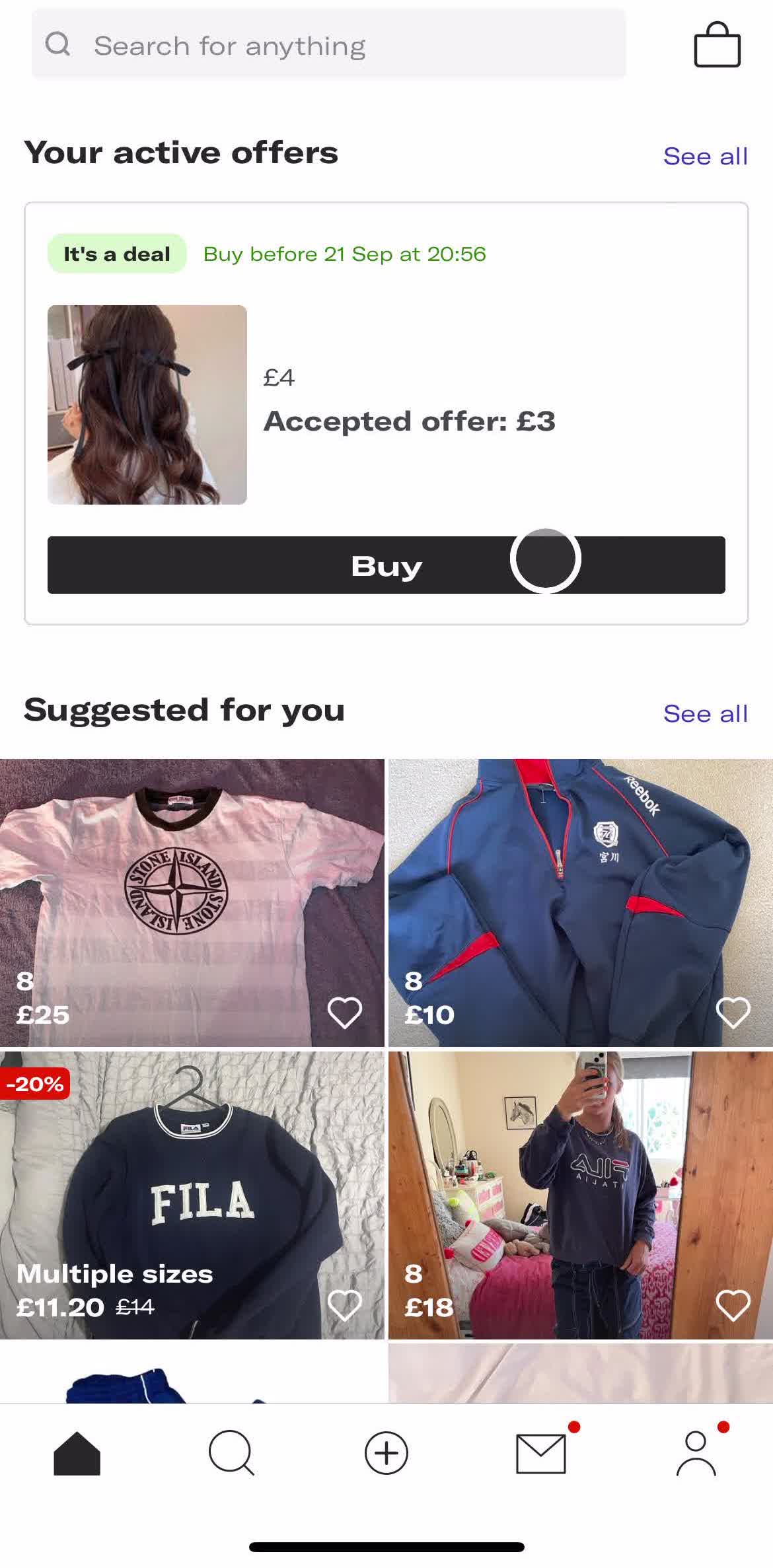 Depop Home screen in the Saving flow