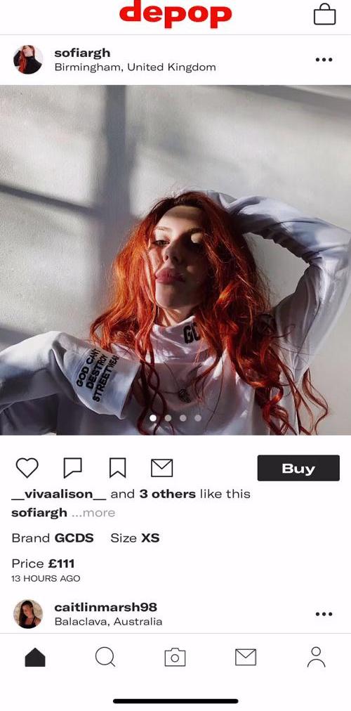 Depop Home feed screen in the Sending Messages flow