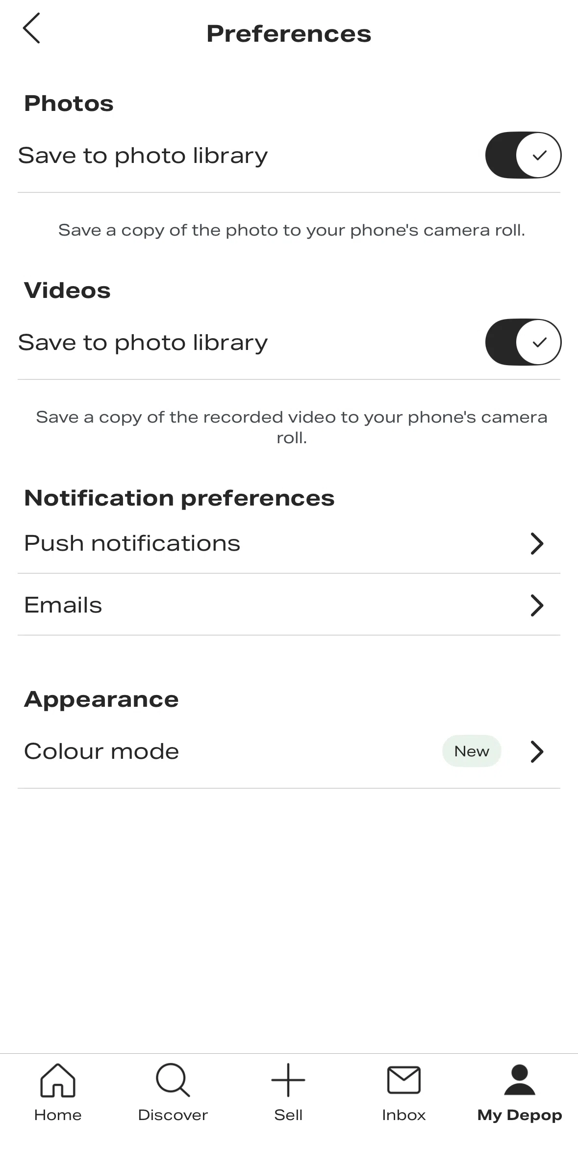 Depop Screen screen in the Turning off push notifications flow