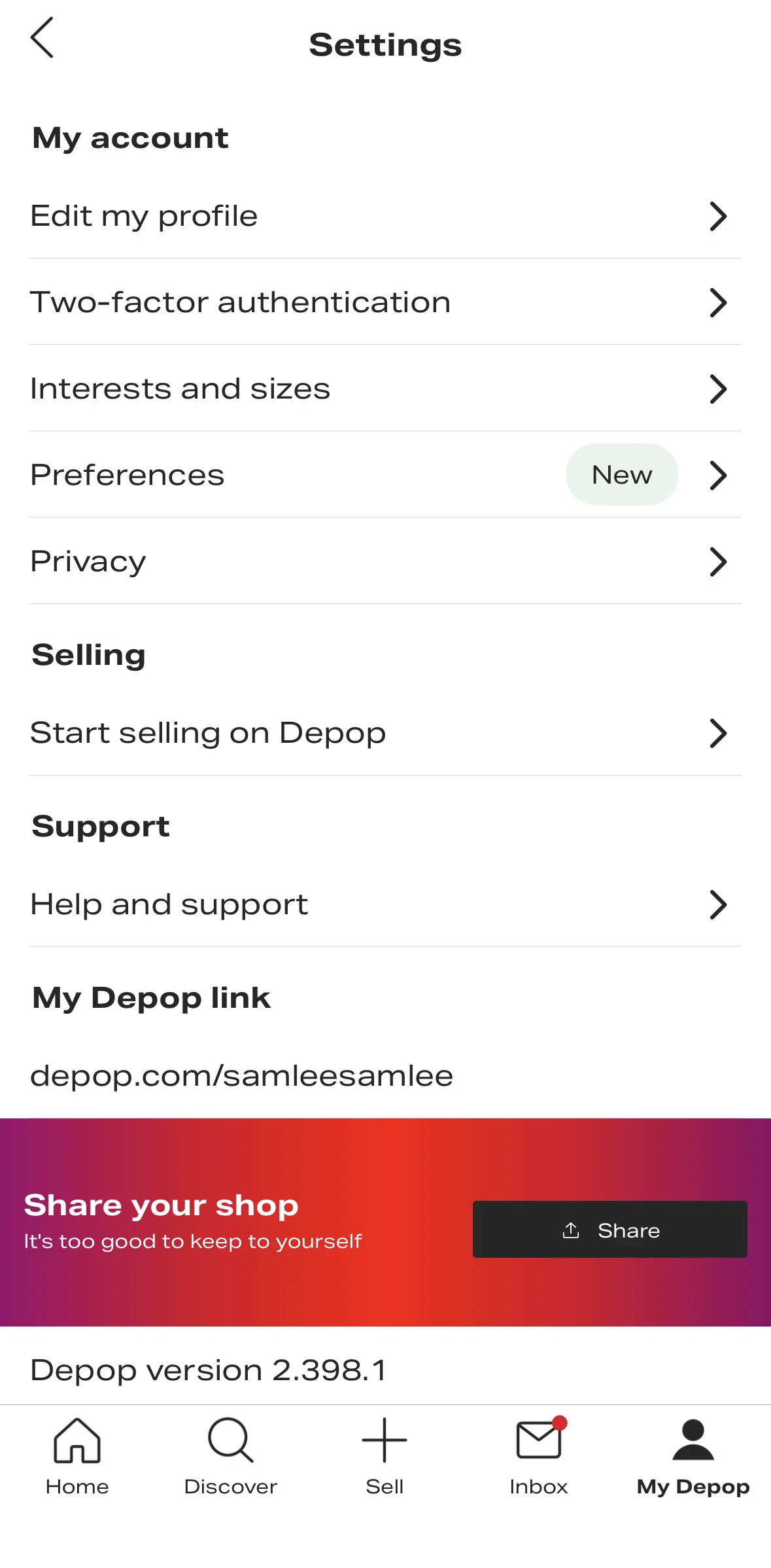 Depop Screen screen in the Turning on two-factor authentication flow