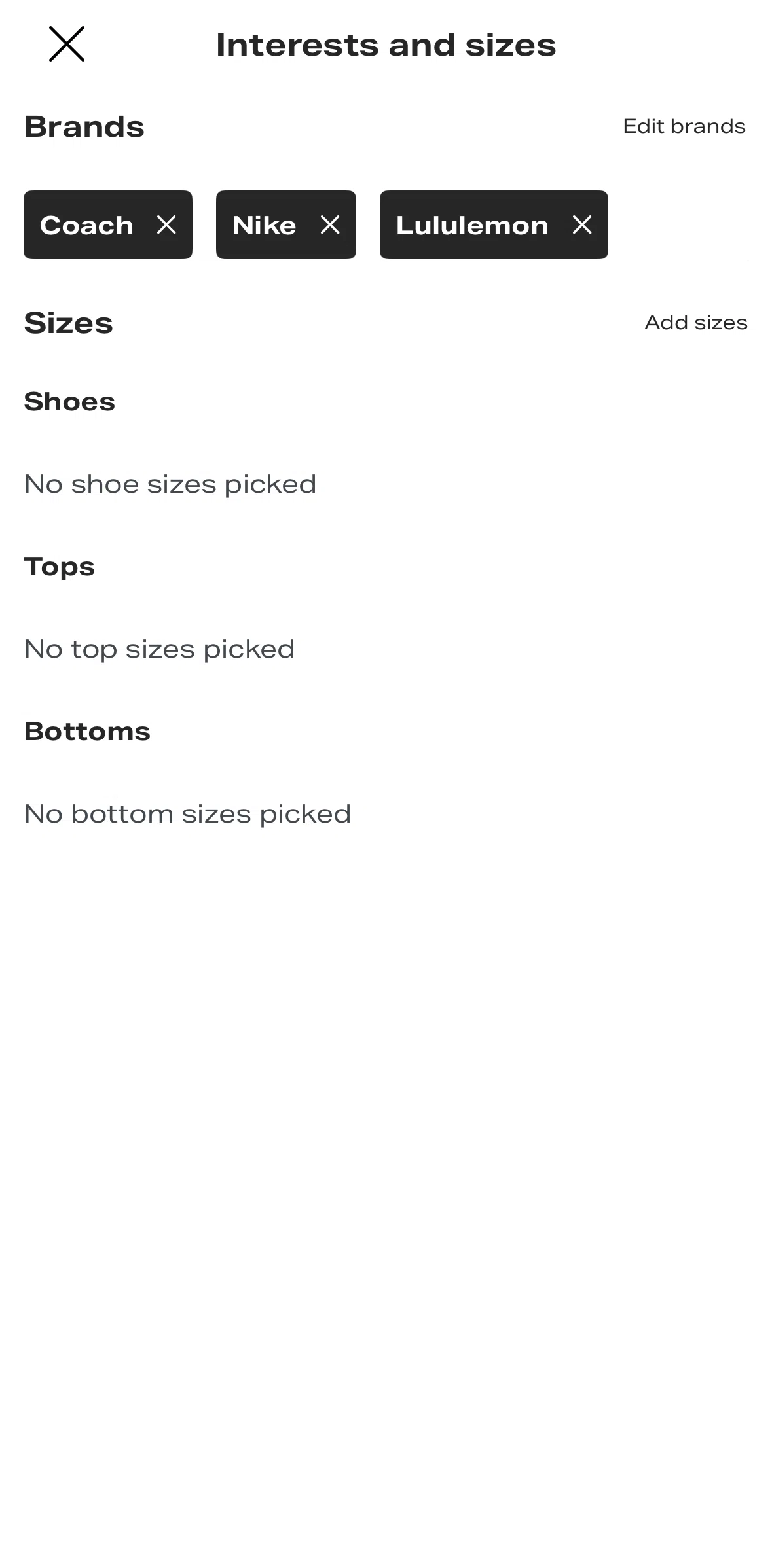 Depop Screen screen in the Updating sizes flow