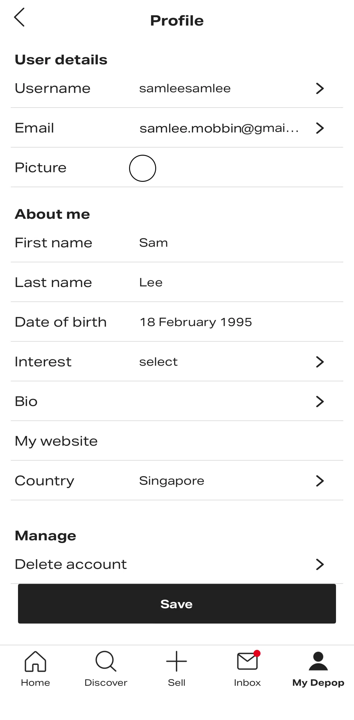 Depop Screen screen in the Uploading a profile picture flow