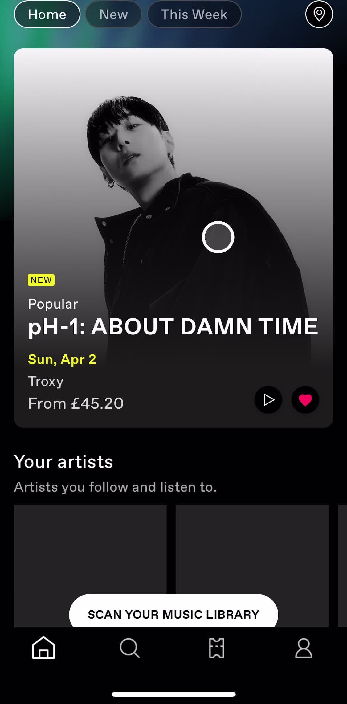 Dice Home screen in the Booking An Event flow