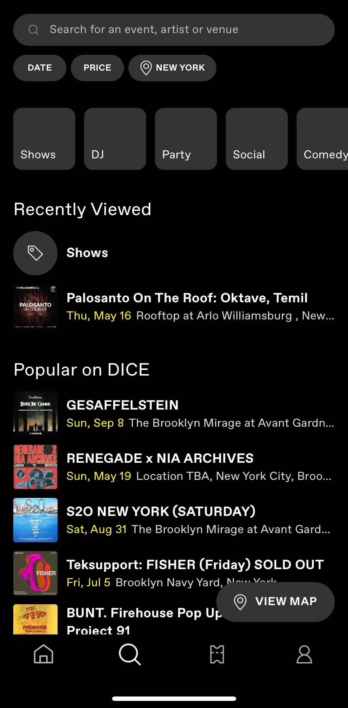 Dice Screen screen in the Filtering events by location flow