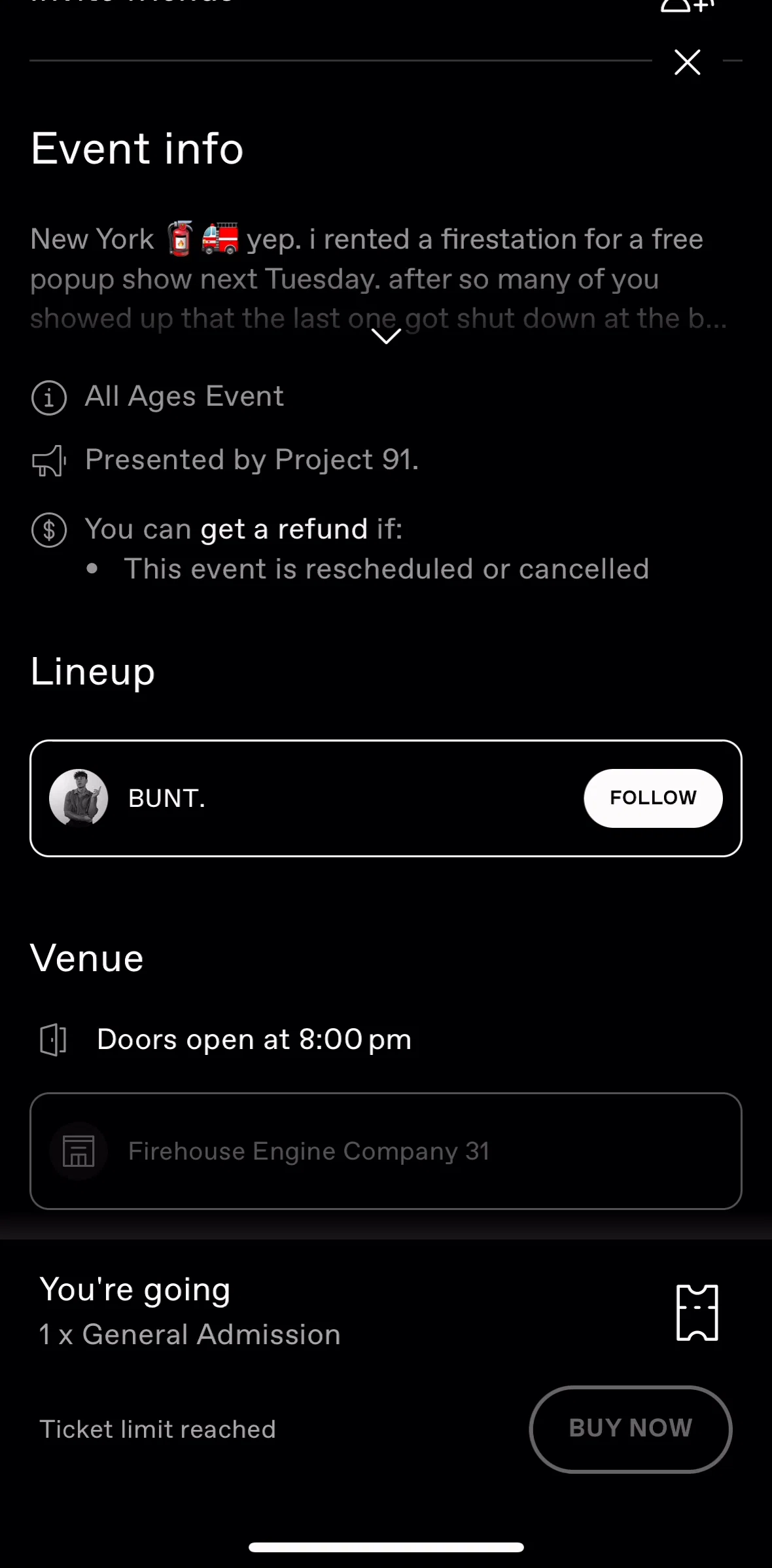 Dice Screen screen in the Following an artist flow