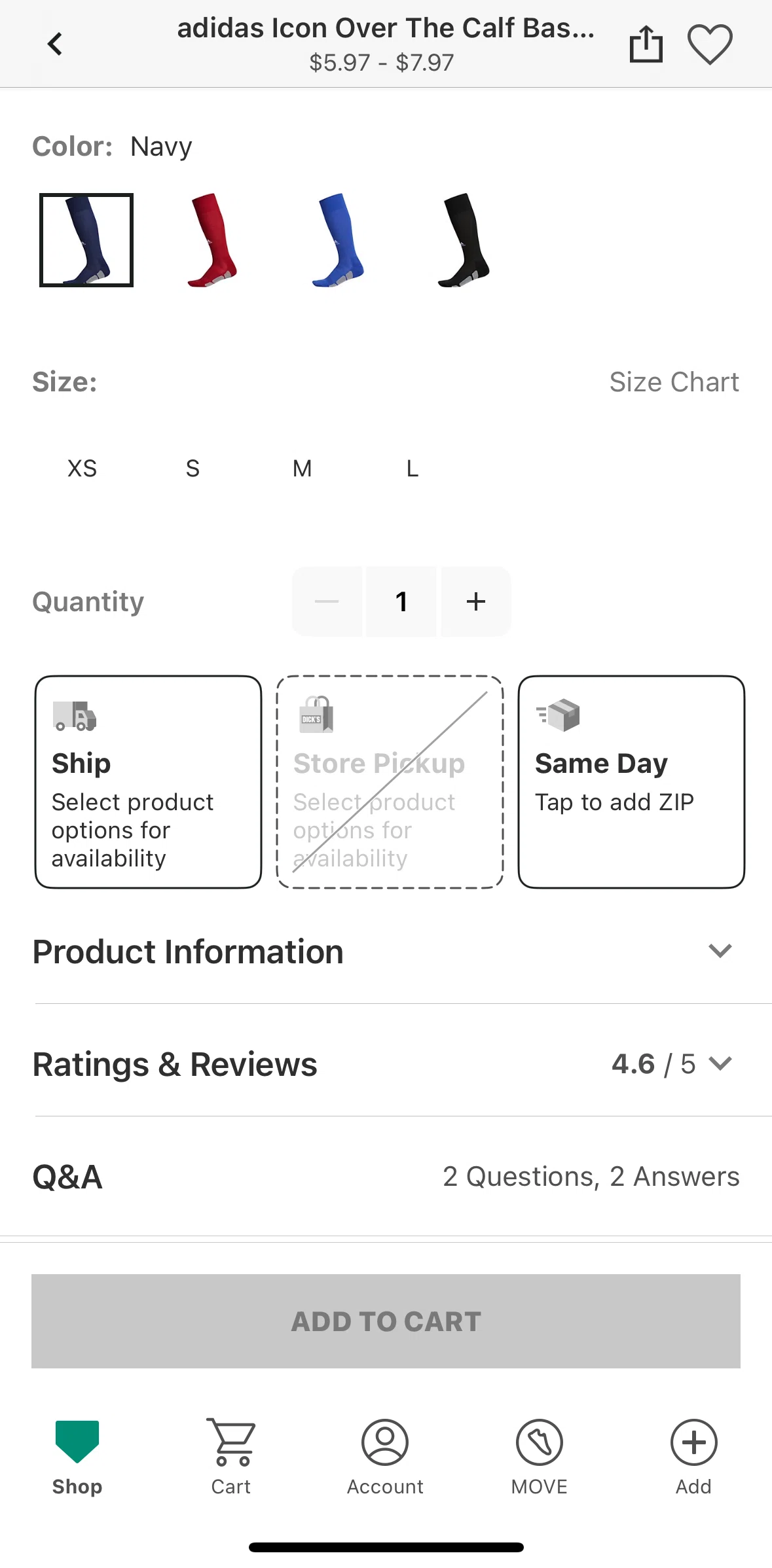 DICK’S Sporting Goods Screen screen in the Adding to cart flow