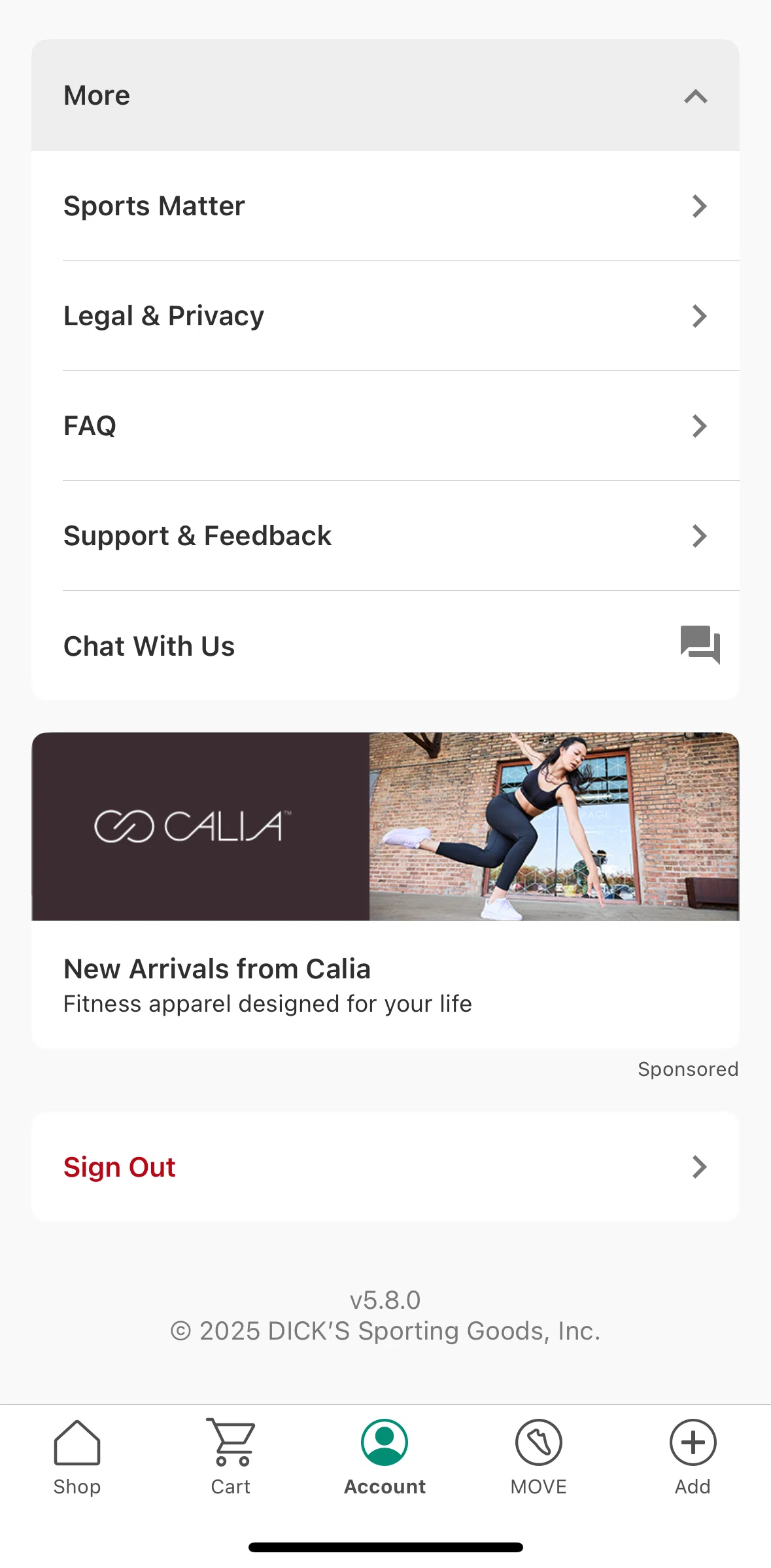 DICK’S Sporting Goods Screen screen in the Chatting with support flow