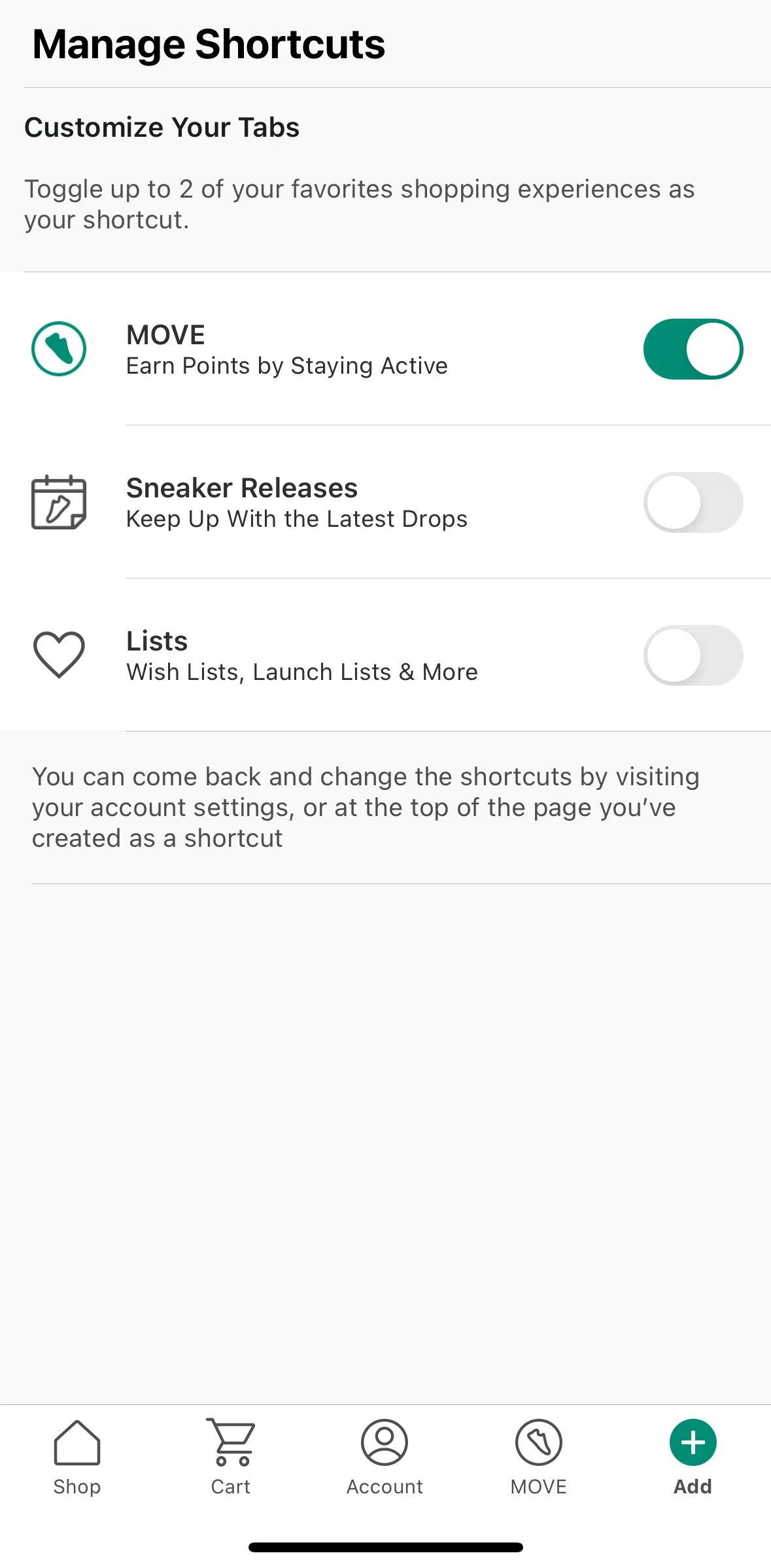 DICK’S Sporting Goods Screen screen in the Enabling lists shortcut flow