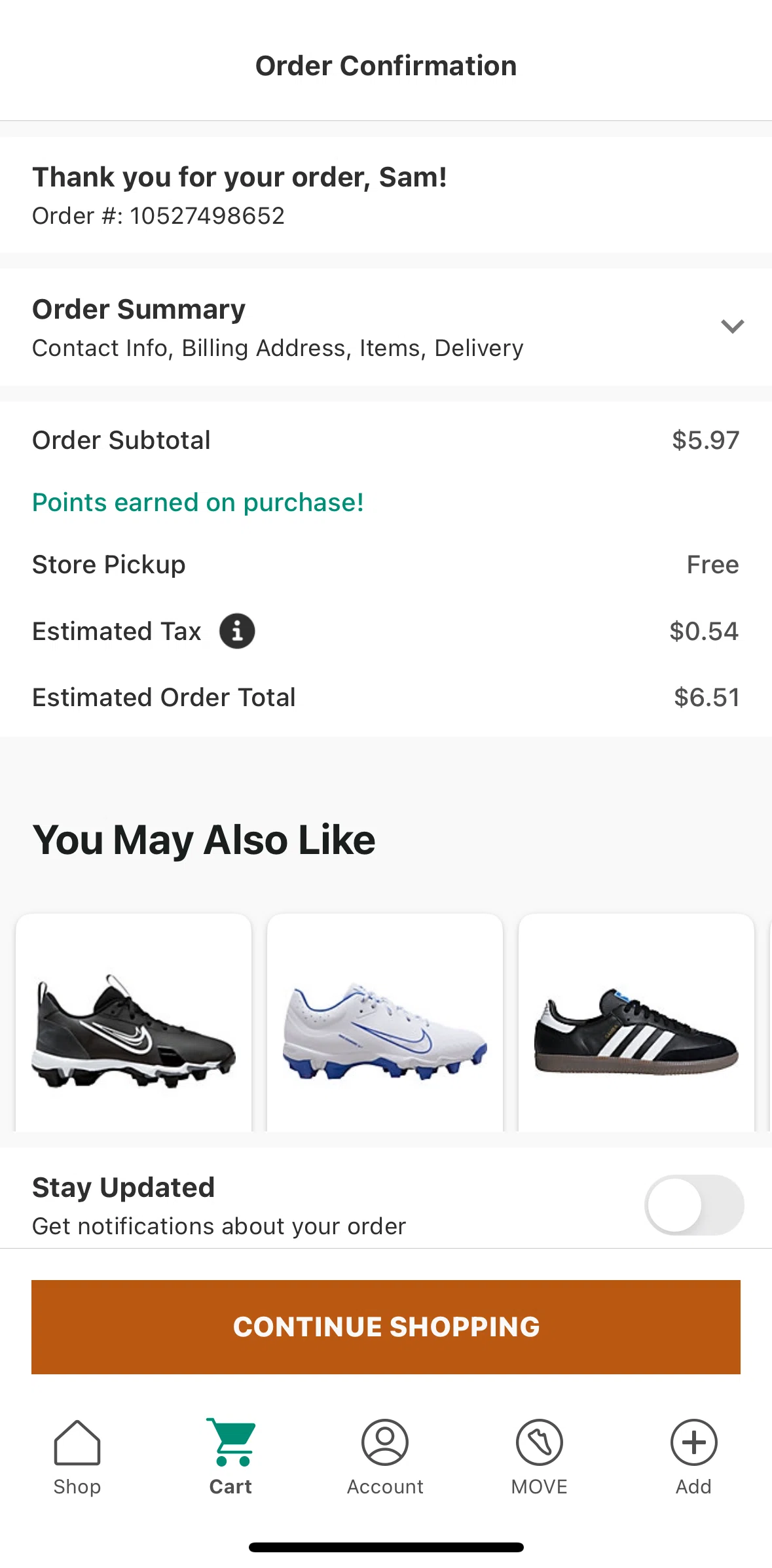 DICK’S Sporting Goods Screen screen in the Enabling order notifications flow