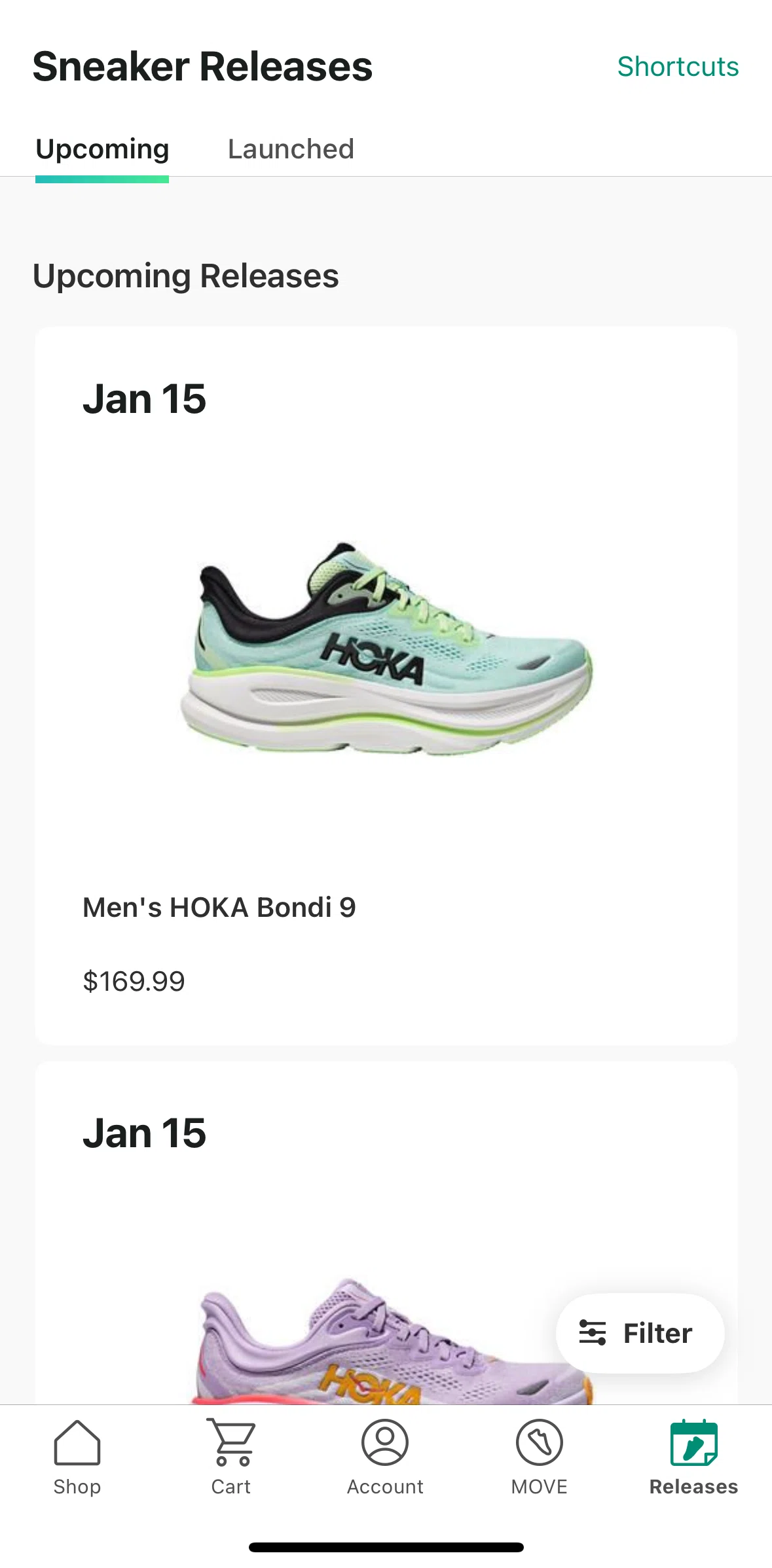 DICK’S Sporting Goods Screen screen in the Filtering sneaker releases flow