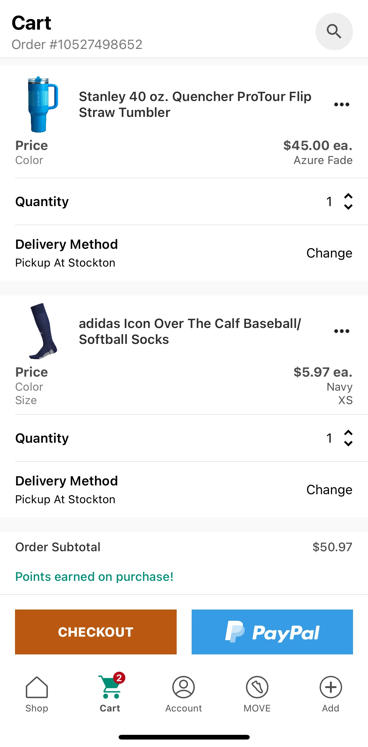 DICK’S Sporting Goods Screen screen in the Removing an item from cart flow