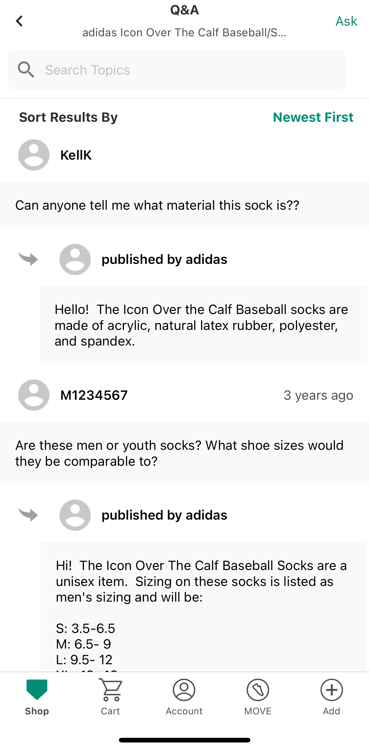 DICK’S Sporting Goods Screen screen in the Submitting a question flow