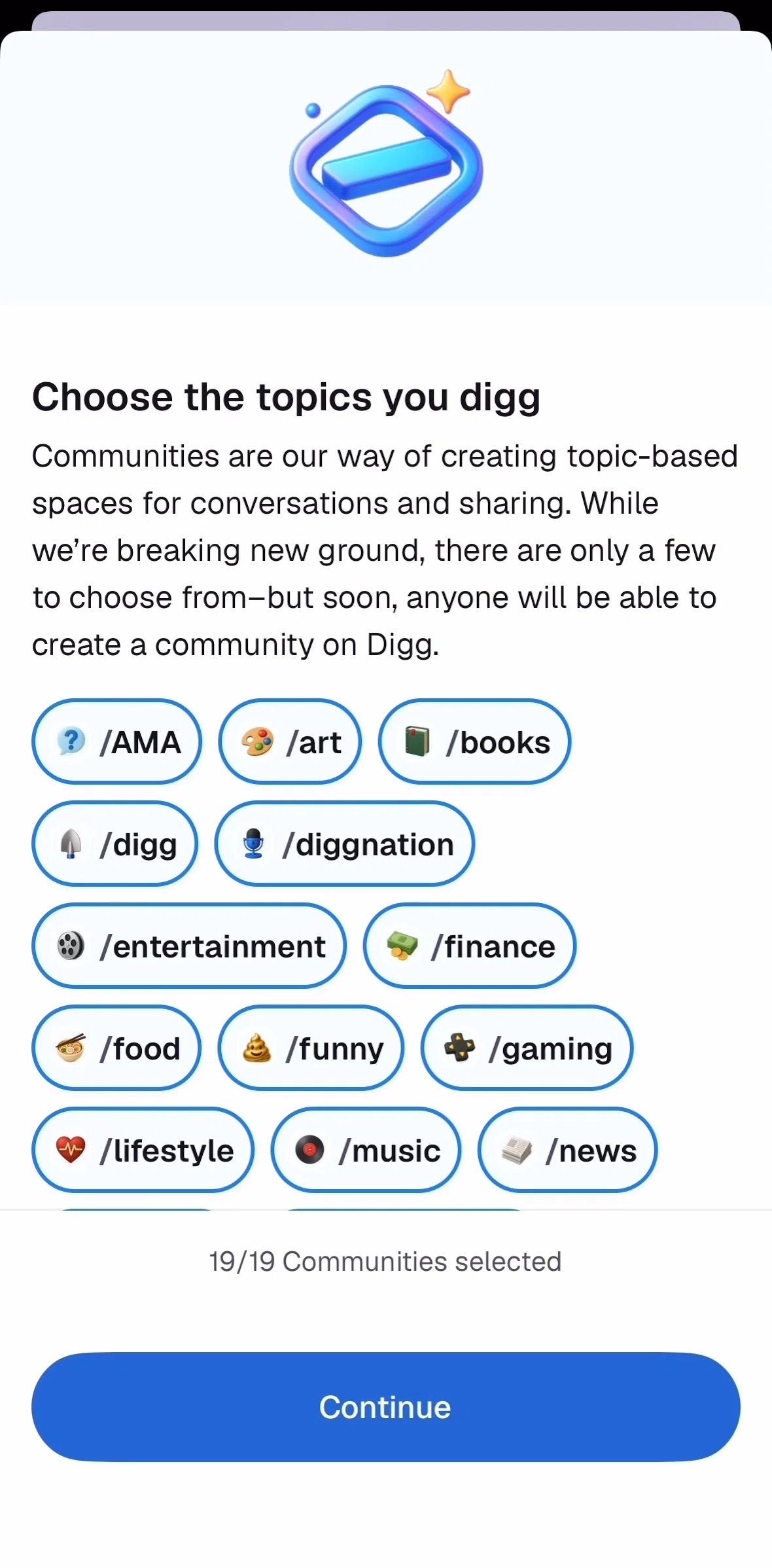 Digg Screen screen in the Completing account setup flow