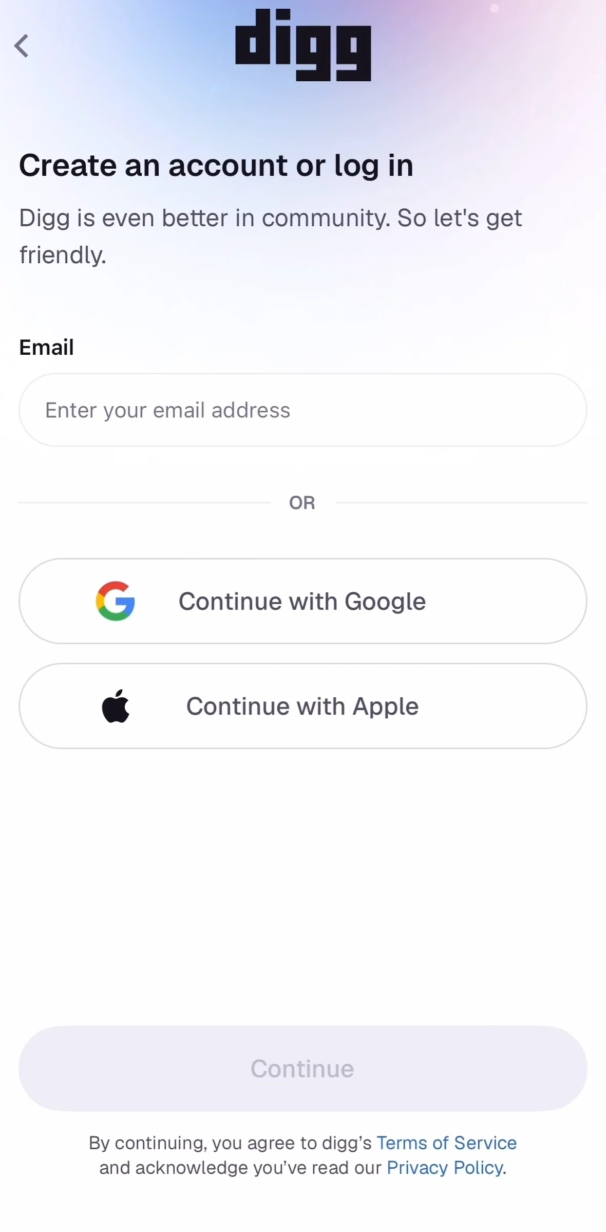 Digg Screen screen in the Creating an account flow