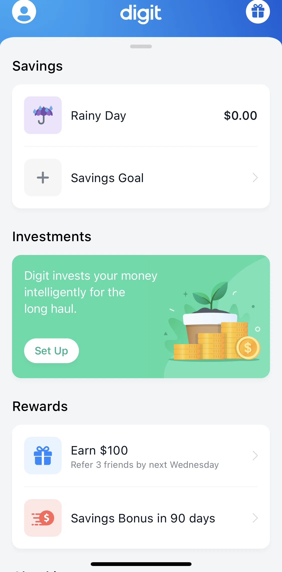 Digit Screen screen in the Setting up an investment account flow