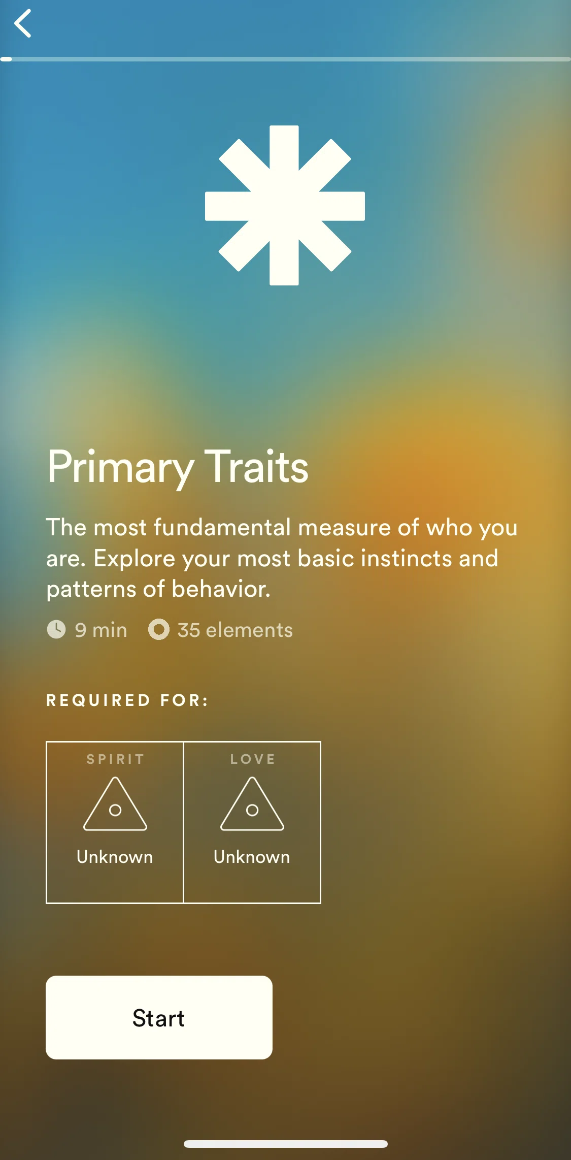 Dimensional Screen screen in the Completing primary traits quiz flow