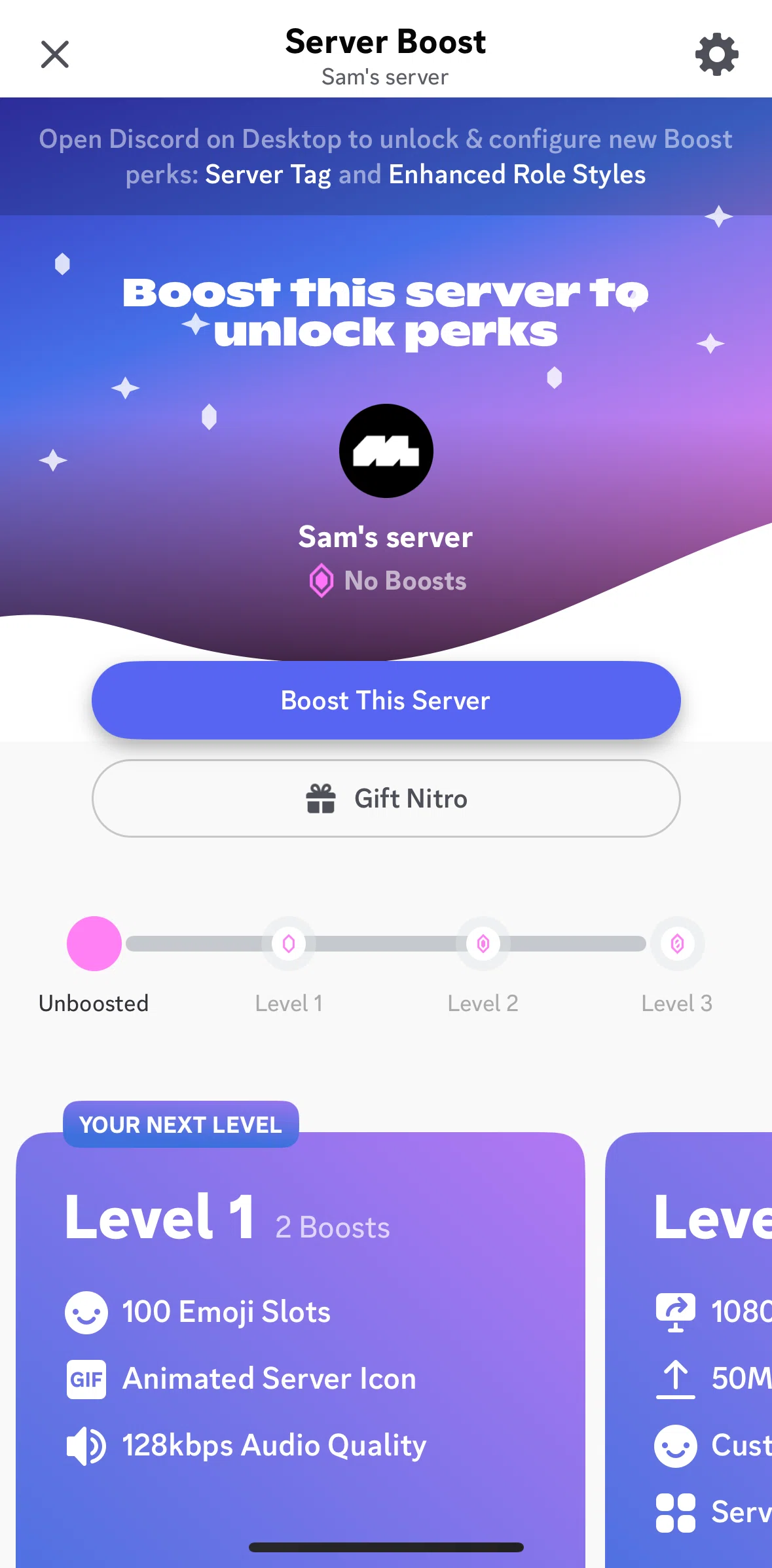 Discord Screen 1 screen in the Boosting a server flow