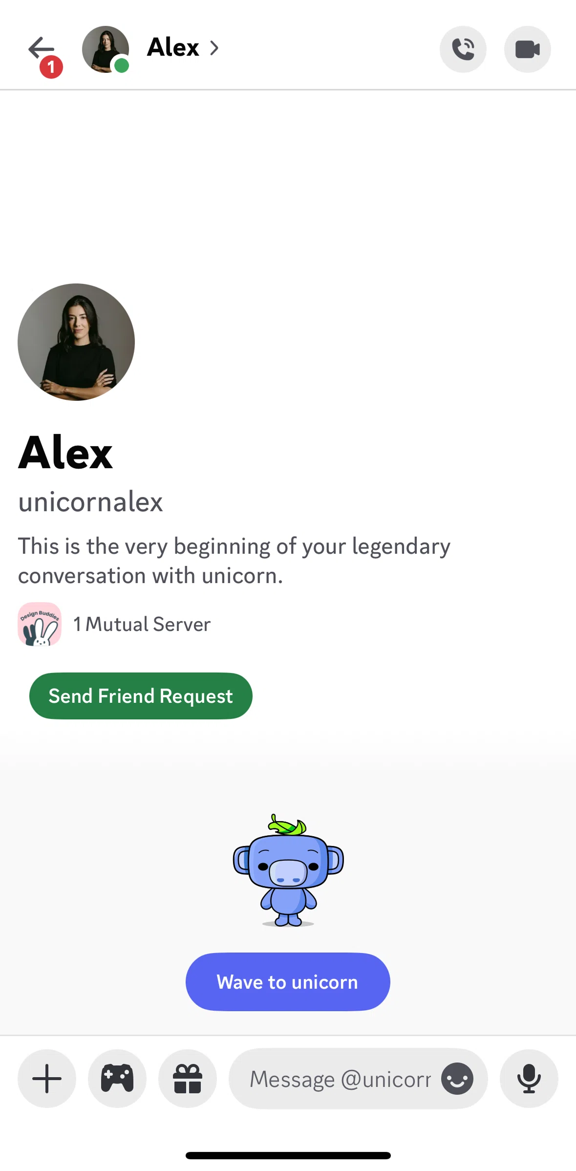 Discord Screen 1 screen in the Calling a user flow
