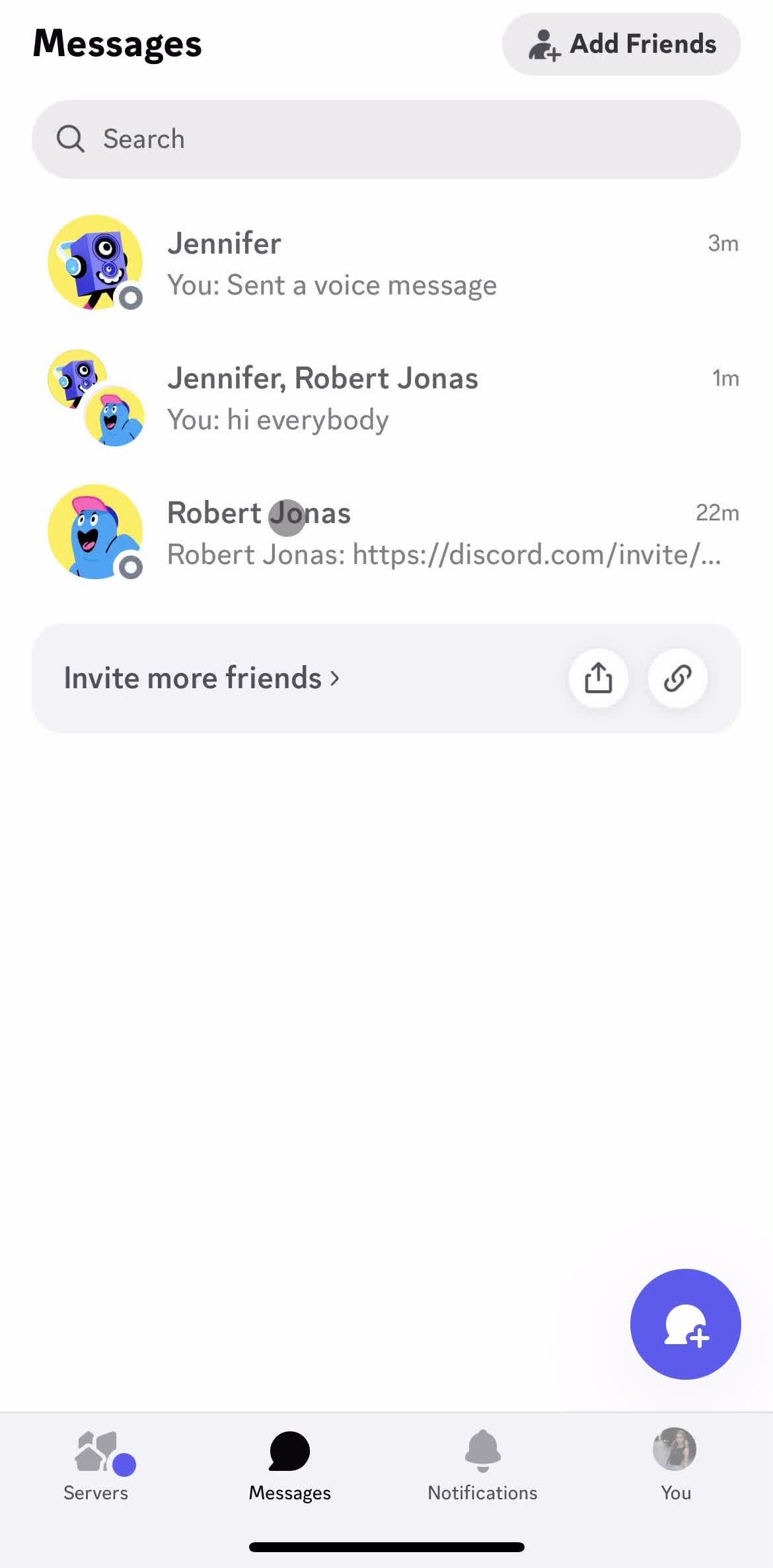 Discord Messages screen in the Chatting flow